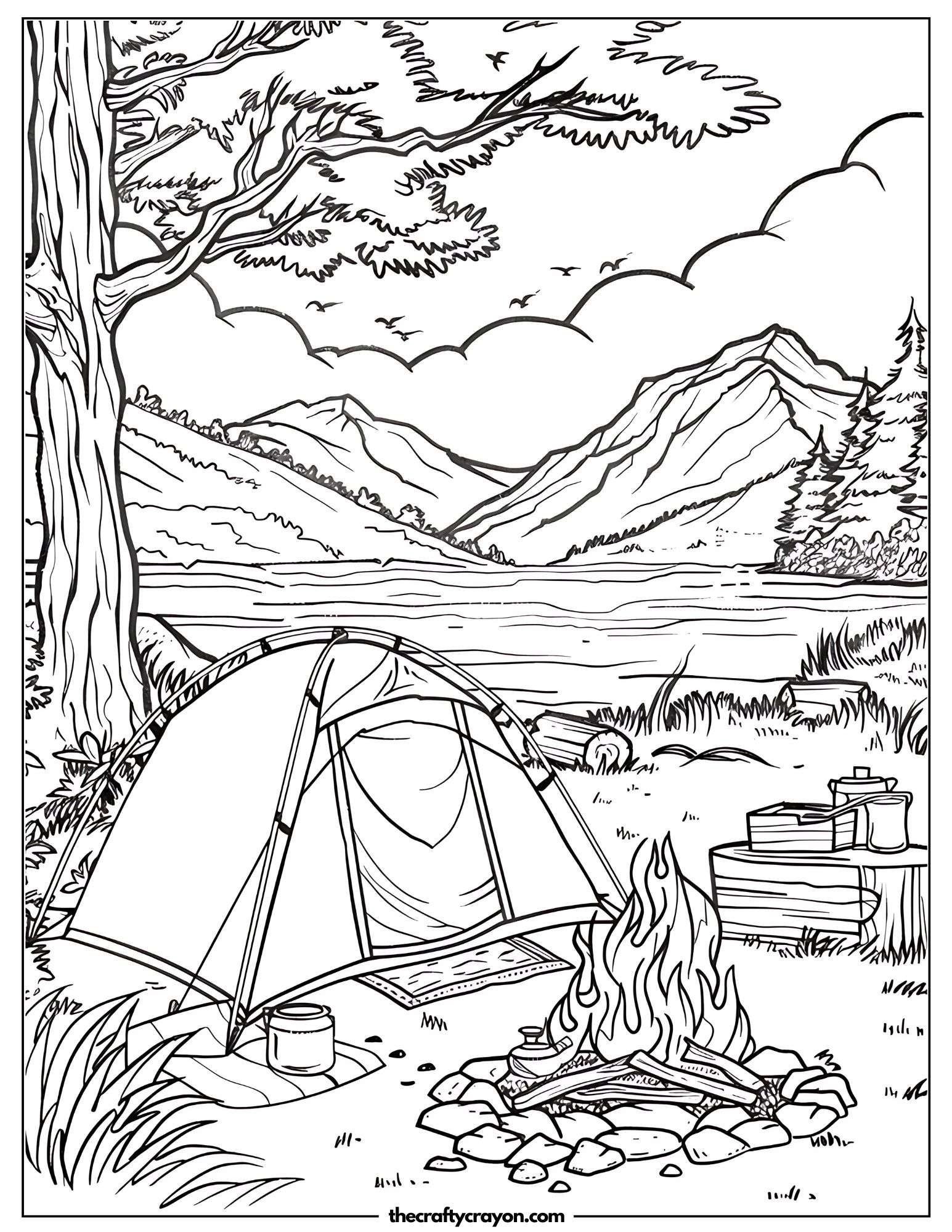 Lakeside Camping with Firewood Coloring Page