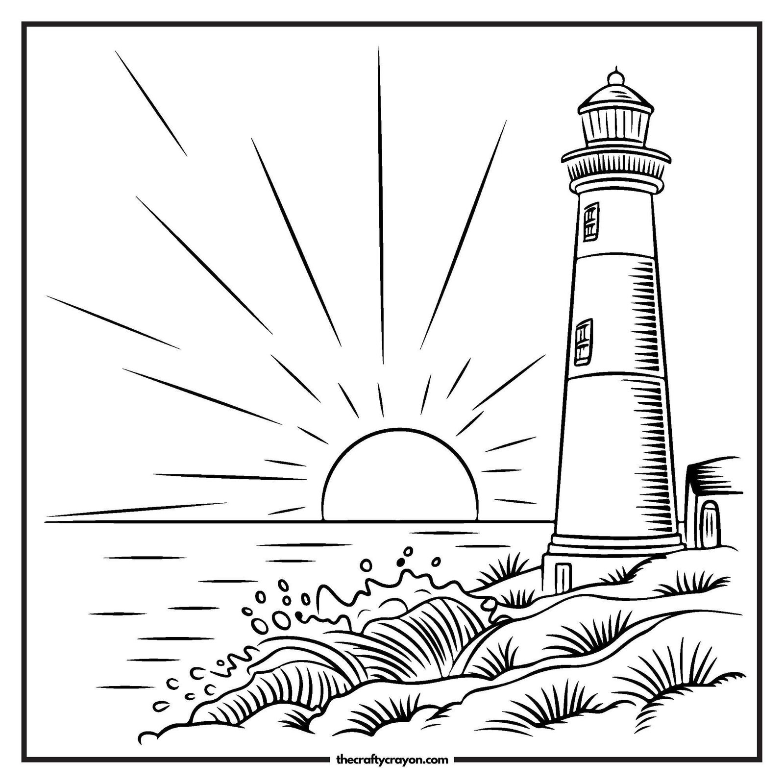 Lighthouse By The Ocean At Sunset Coloring Page