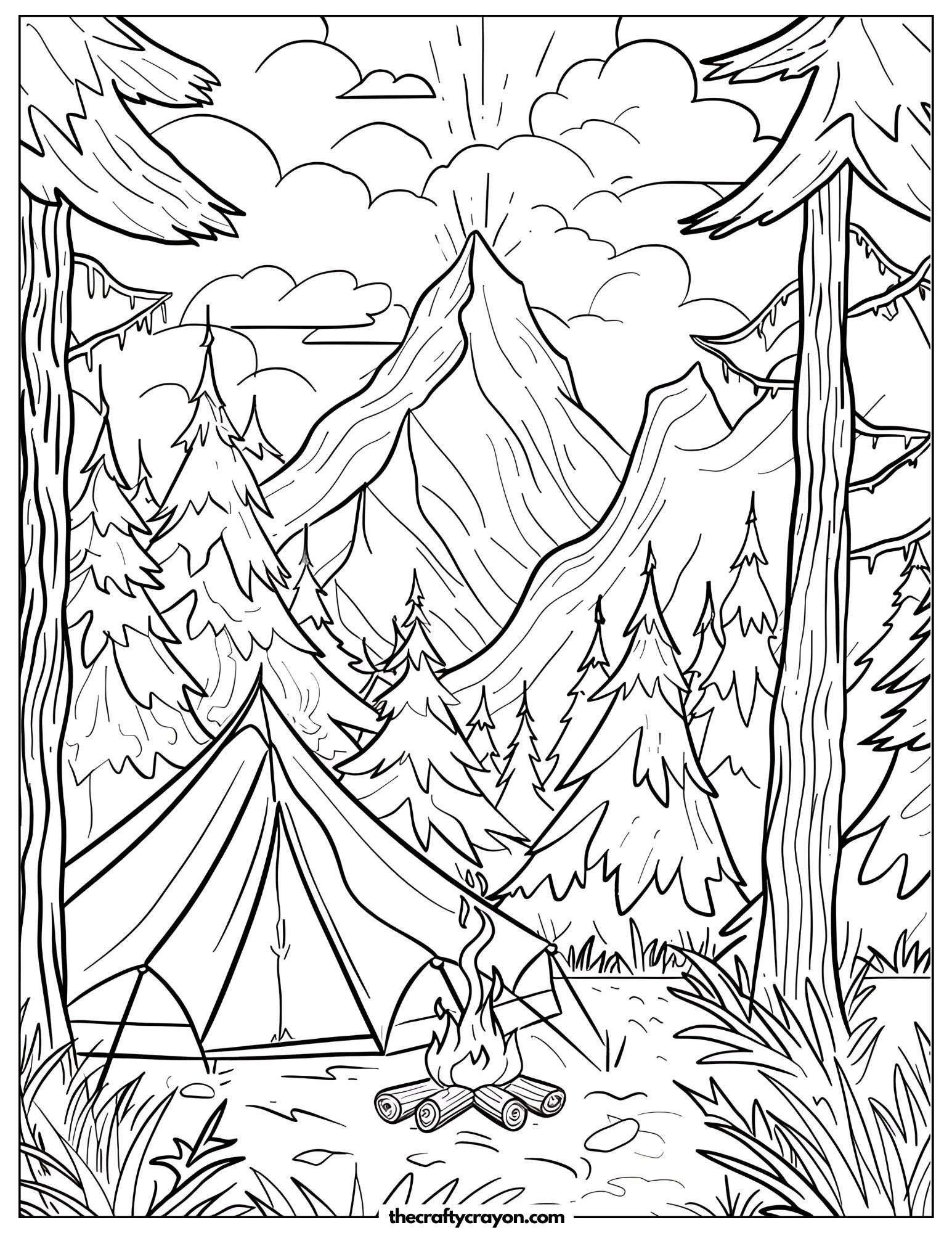 Mountain Camping with Tent Coloring Page