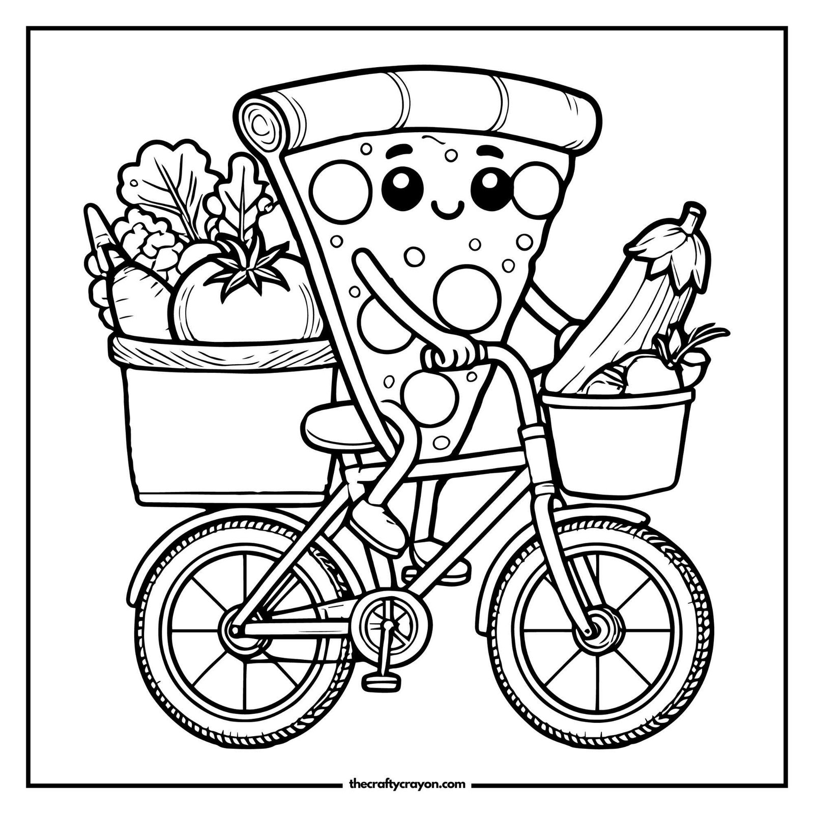 Pizza Riding Bike with Groceries Coloring Page