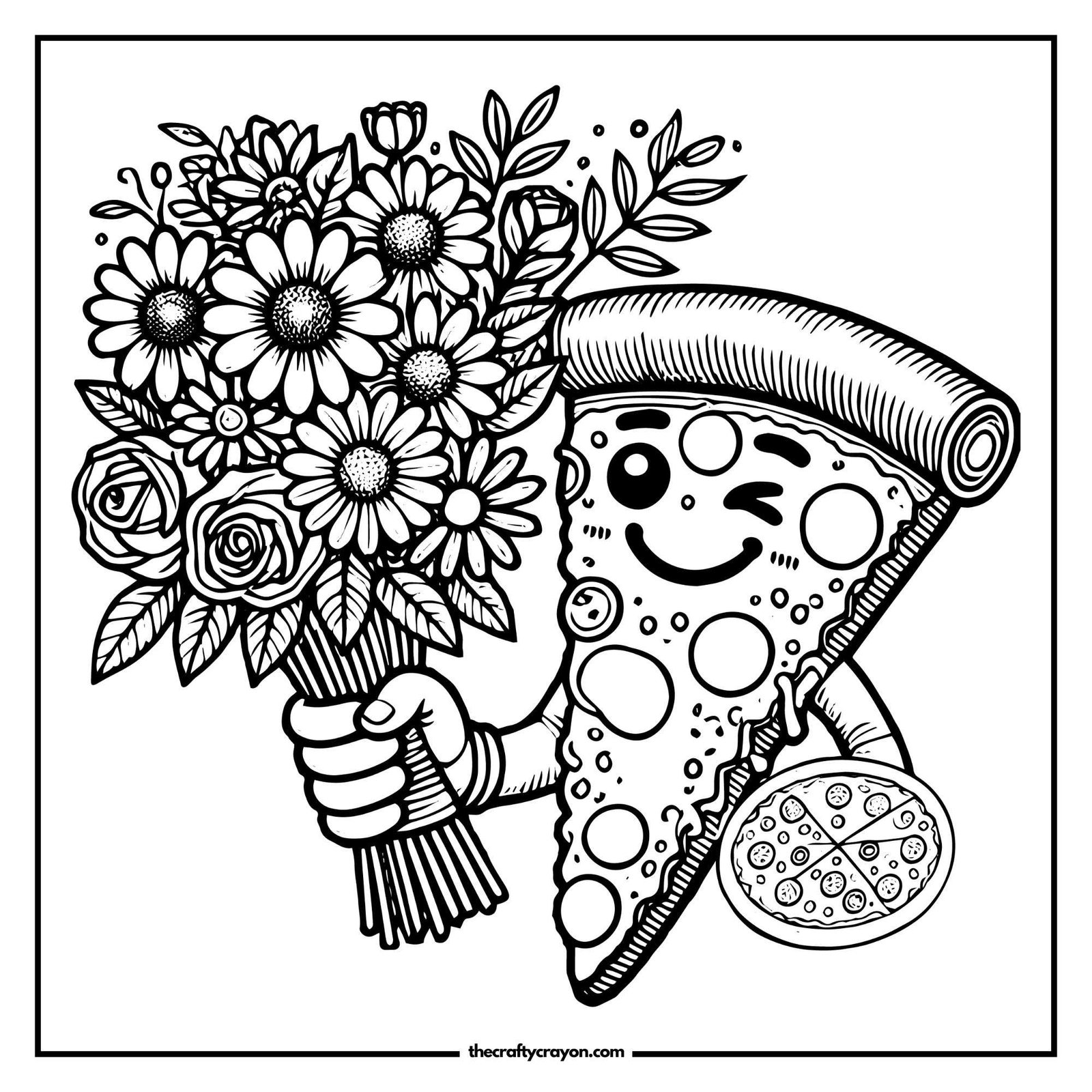 Pizza Slice Holding Flowers Coloring Page