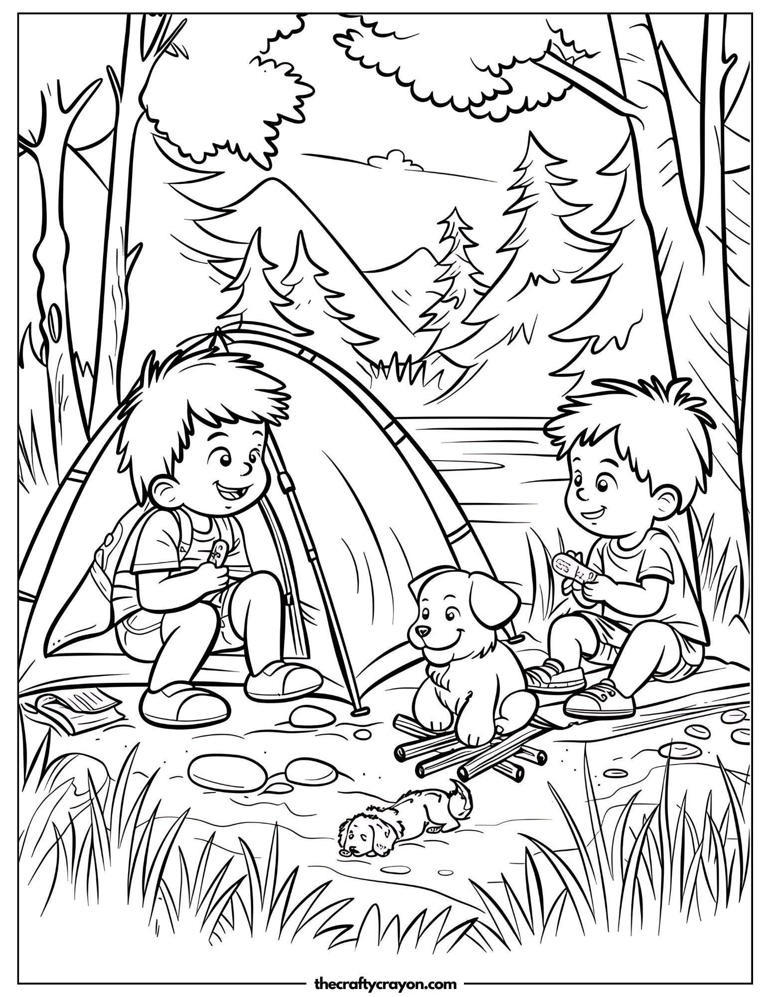 Relaxing Campsite with Trees Coloring Page
