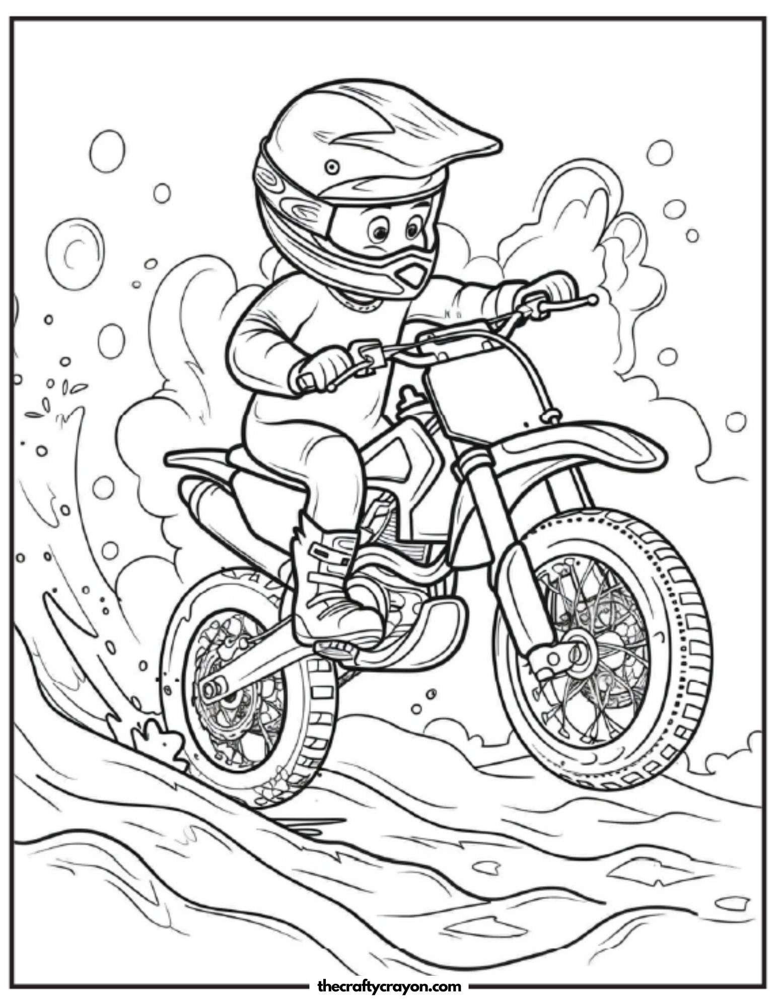 Rider Crossing Stream on Dirt Bike Coloring Page