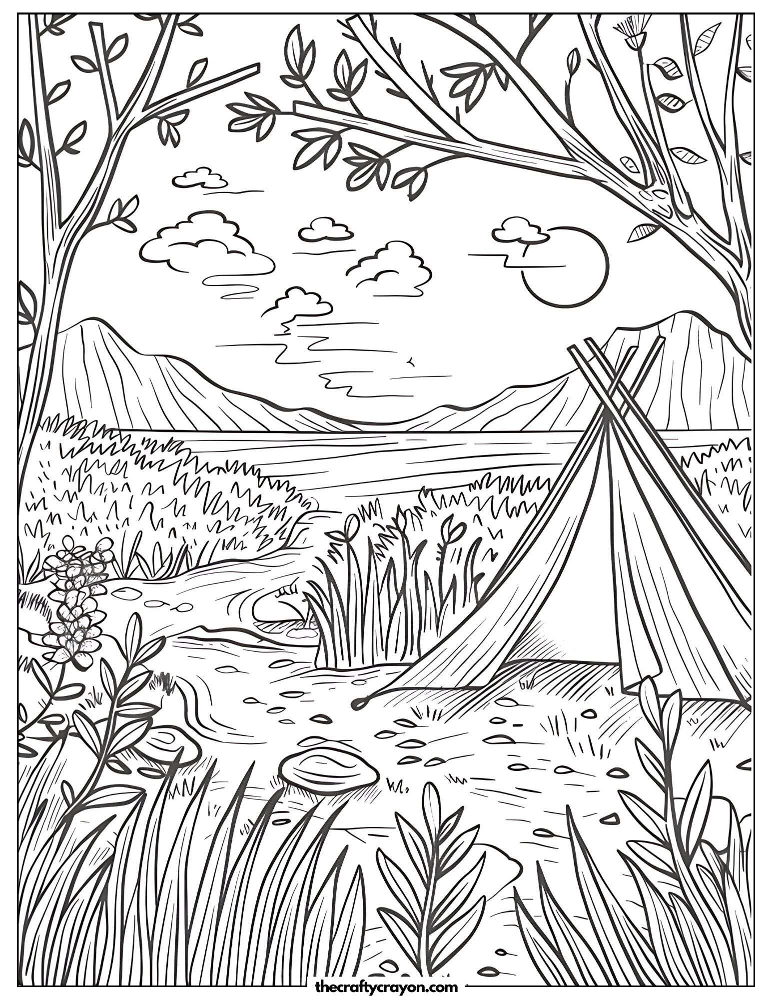 Riverside Camping Scene Coloring Page