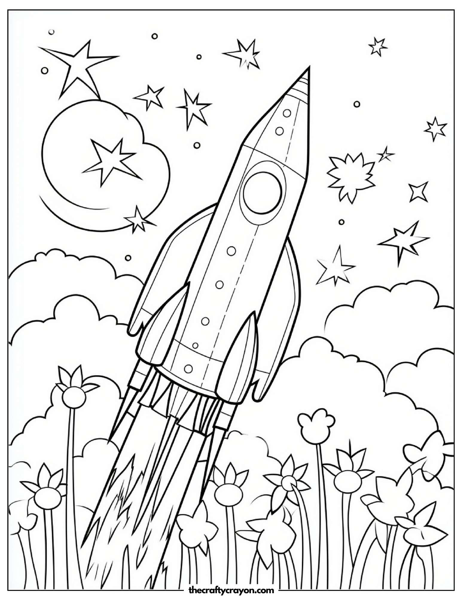 Rocket Ship Launching Over Flowers