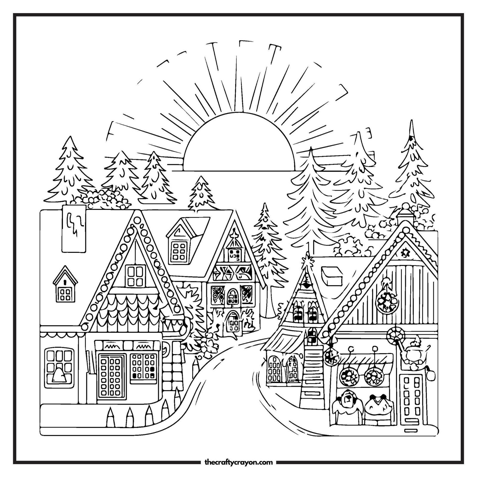 Snowy Village At Sunset Coloring Page
