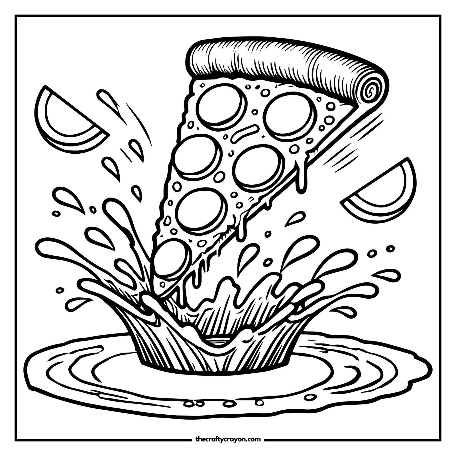 Splashing Pizza Slice Coloring Page