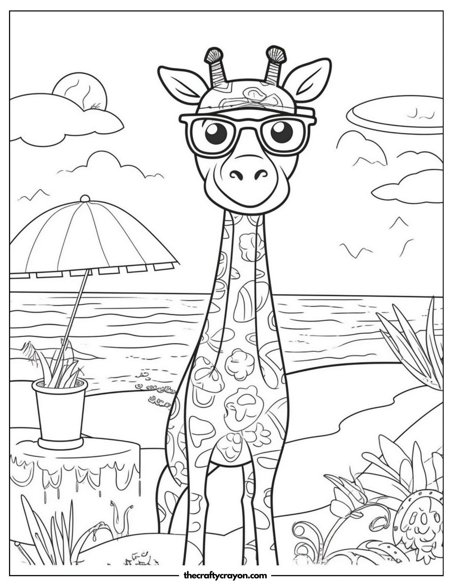 Stylish Giraffe with Glasses on the Beach