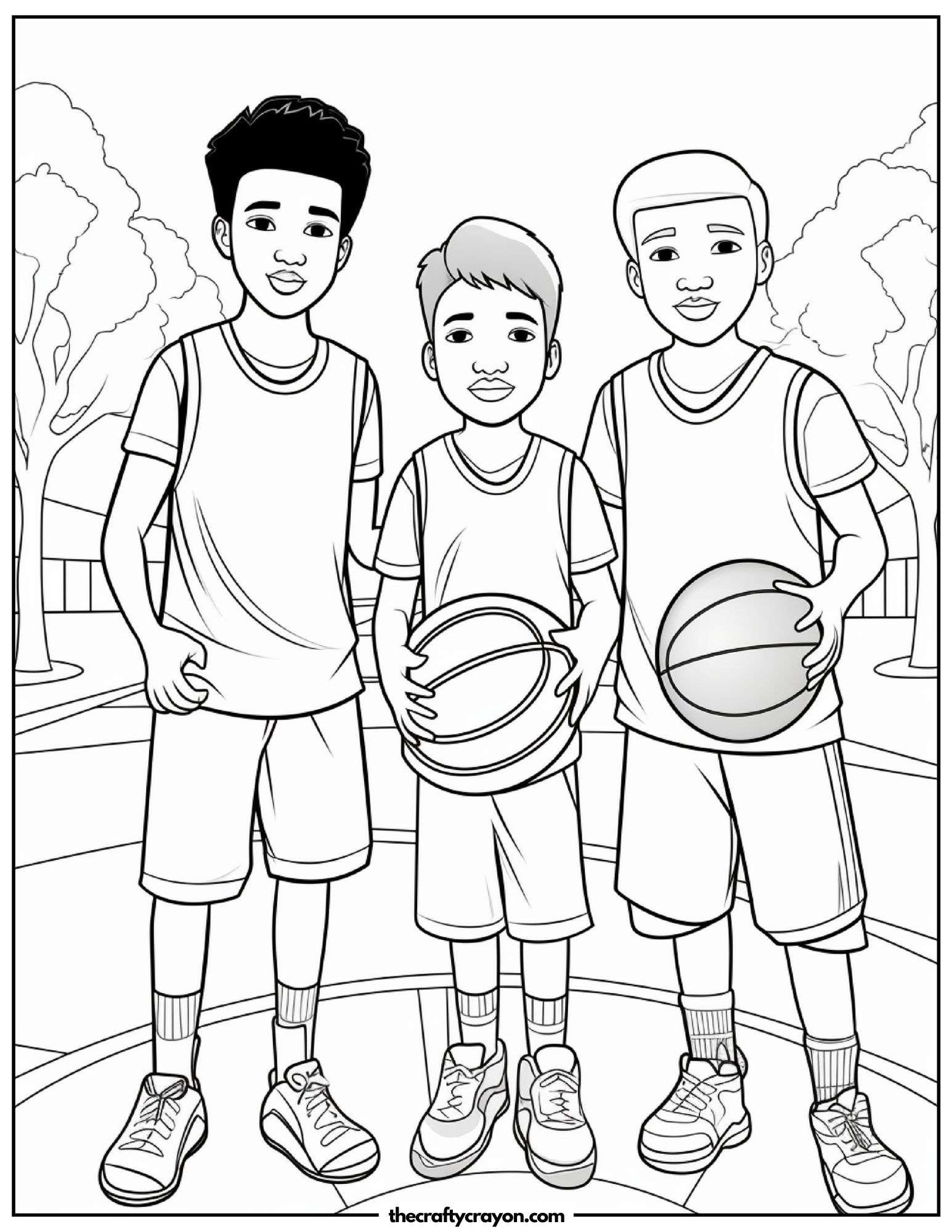 Team of Young Basketball Players Holding Balls Coloring Page