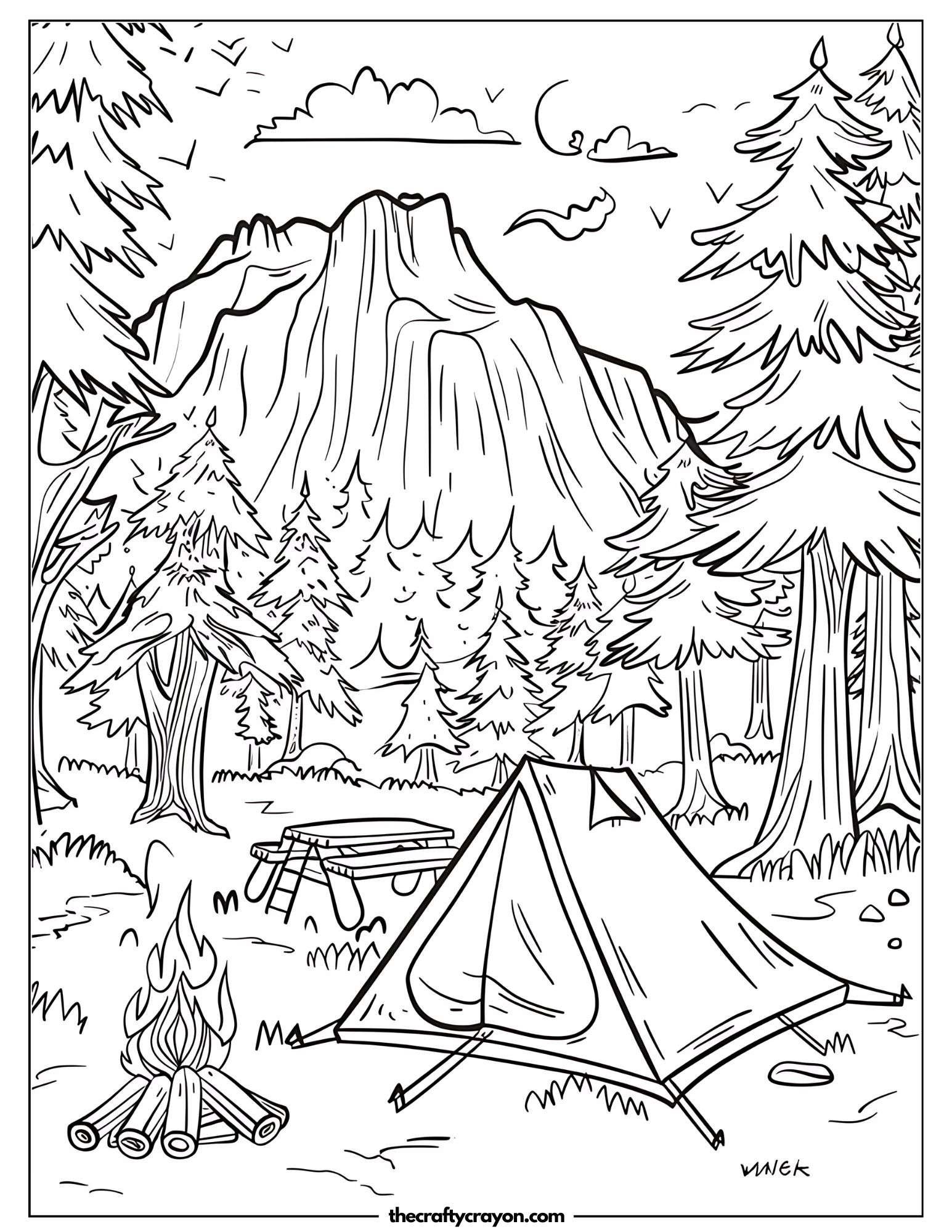 Tent and Campfire Under the Moon Coloring Page