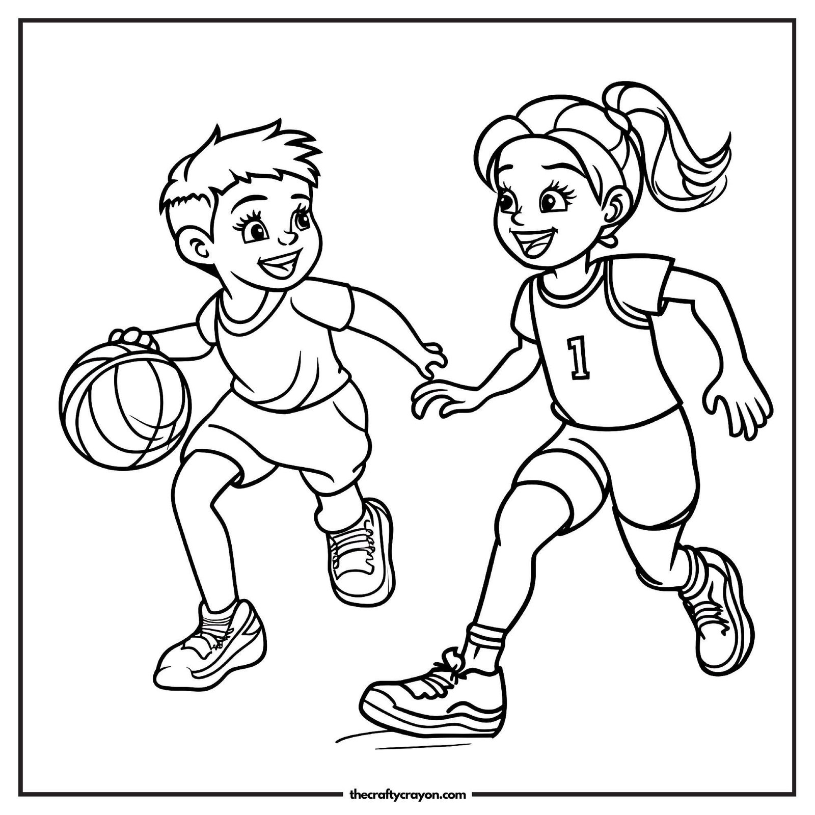 Two Friends Playing Basketball Game Coloring Page