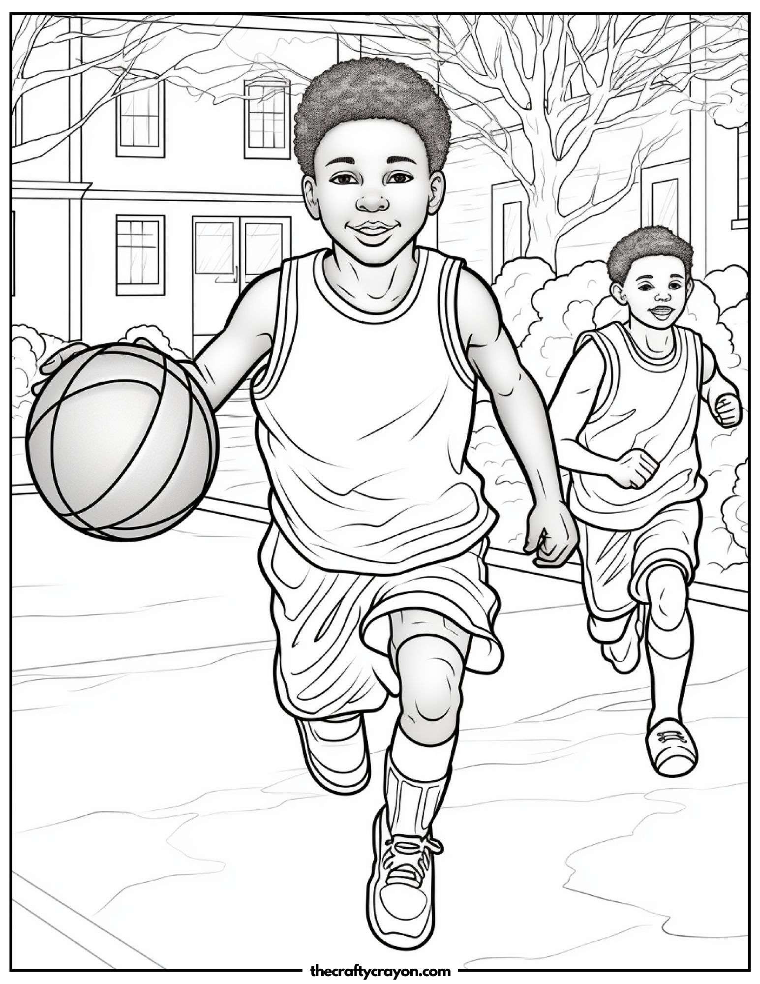 Two Kids Playing Basketball Outdoors Coloring Page