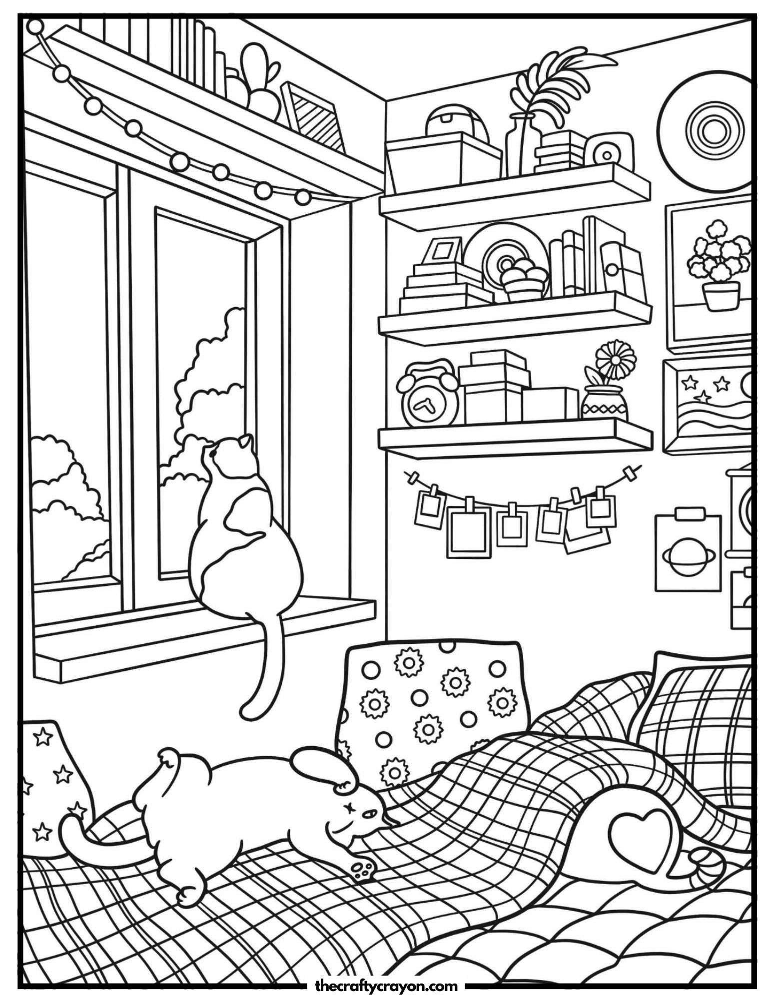 A cozy bedroom with two cats relaxing