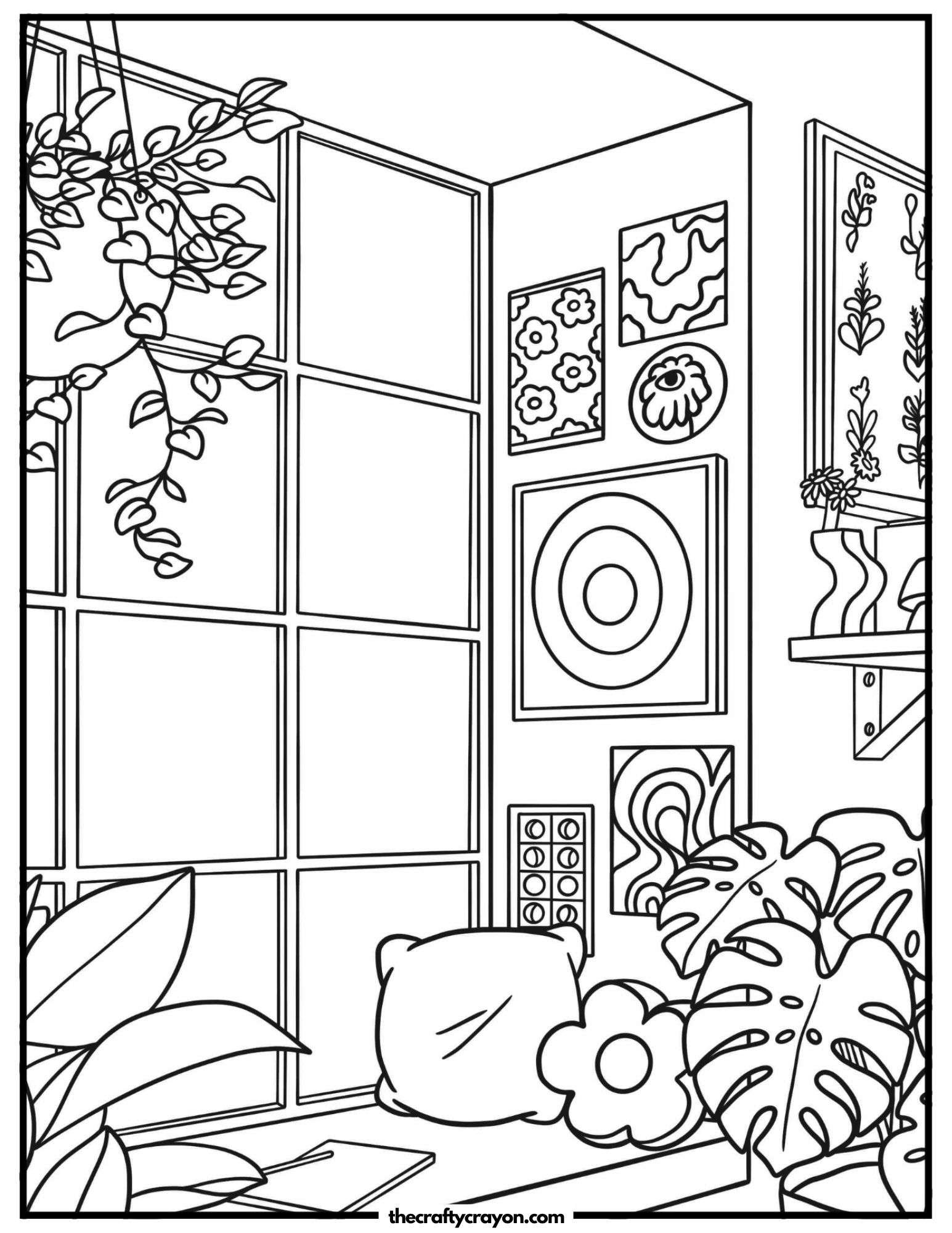 A cozy reading nook with pillows and plants