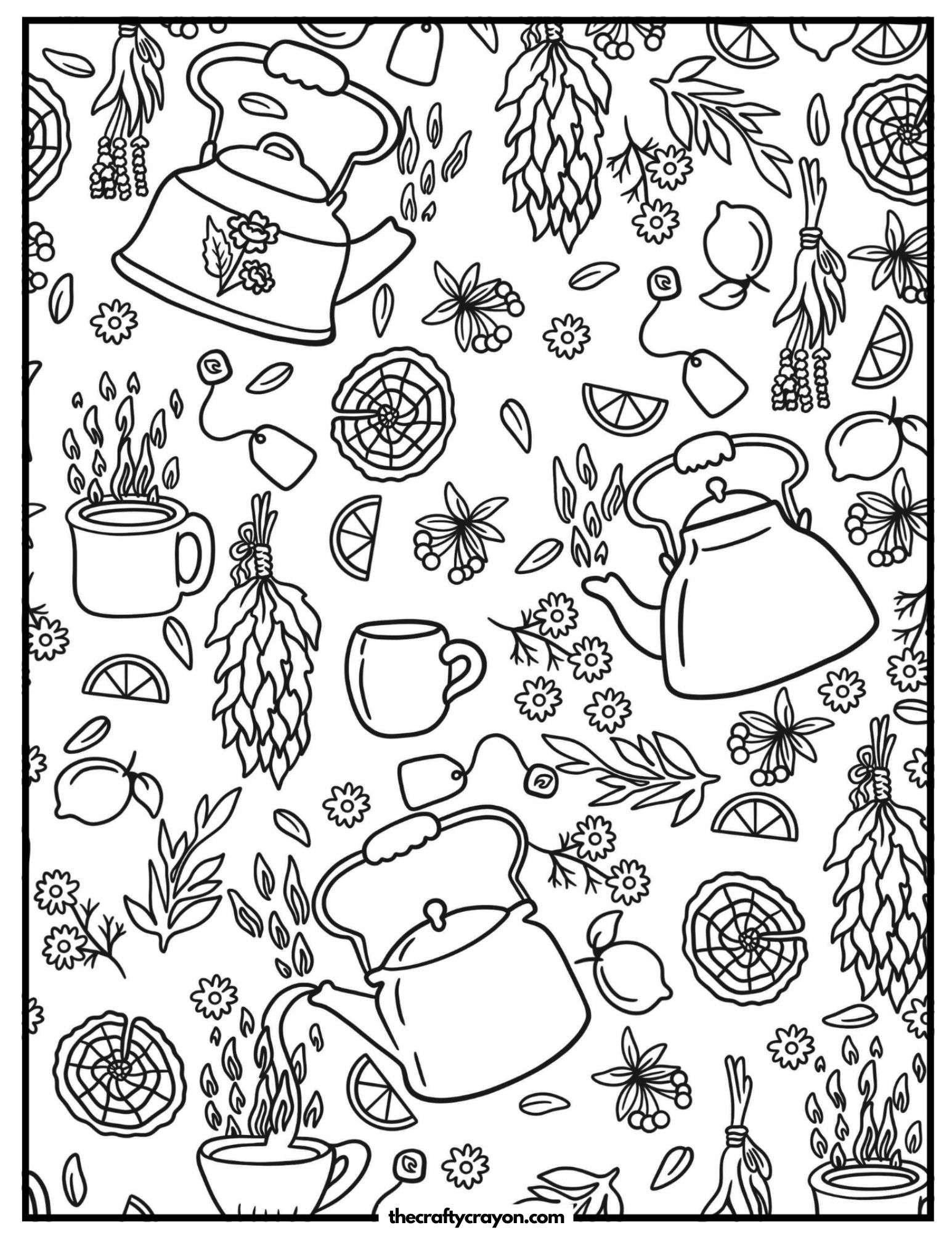 A cozy tea-themed pattern with herbs and kettles