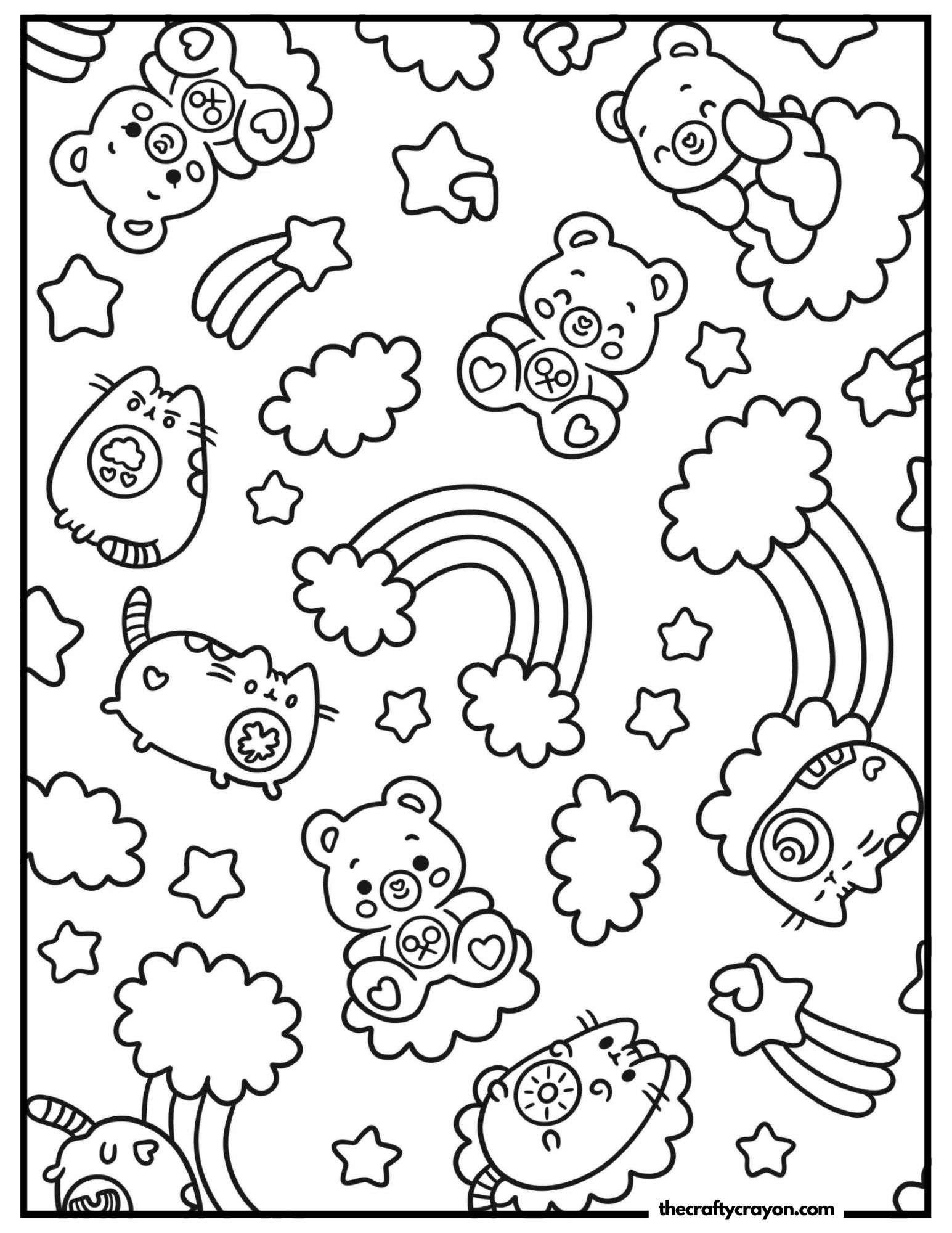 A dreamy sky full of cute bears, cats, and rainbows