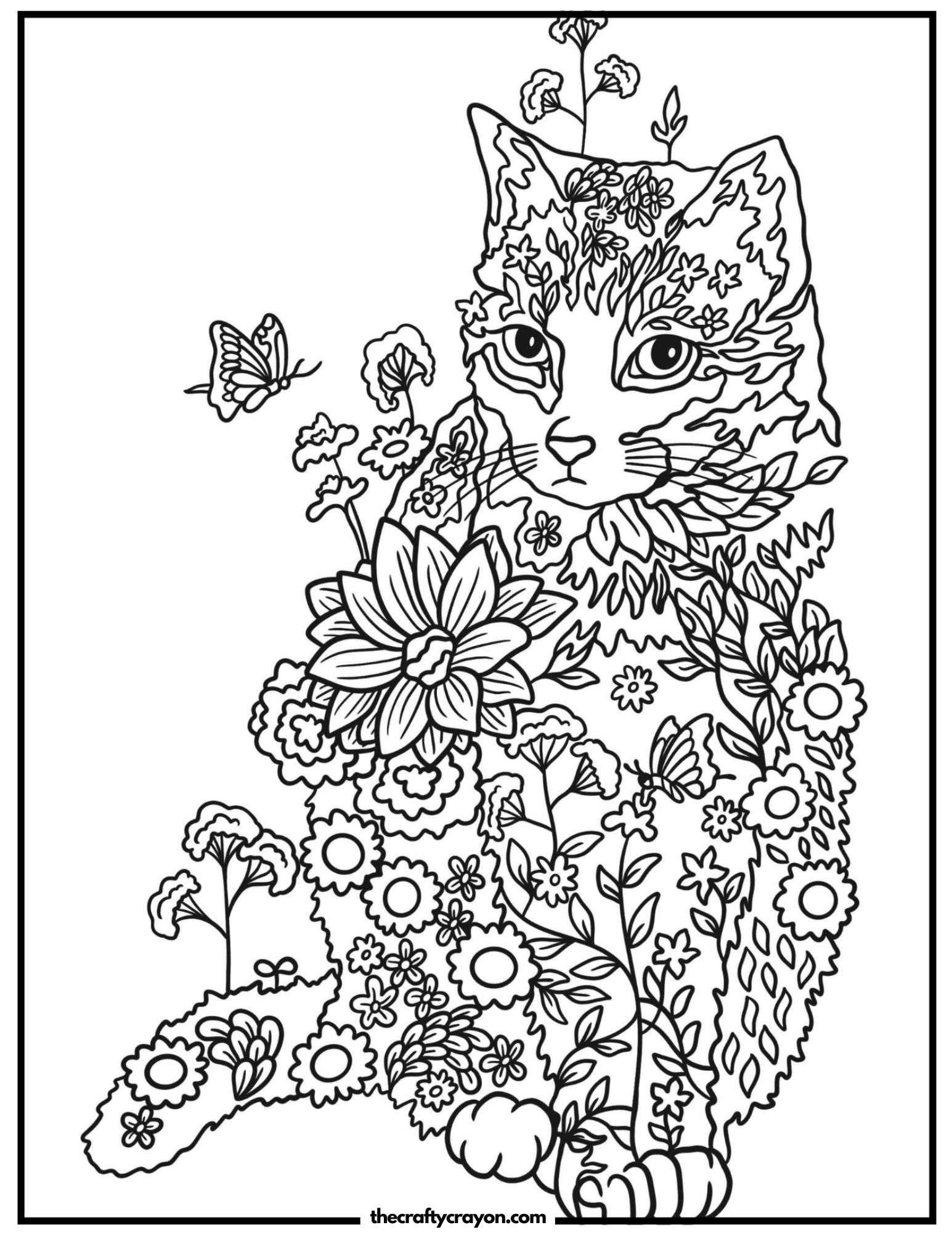 A floral cat with intricate botanical details