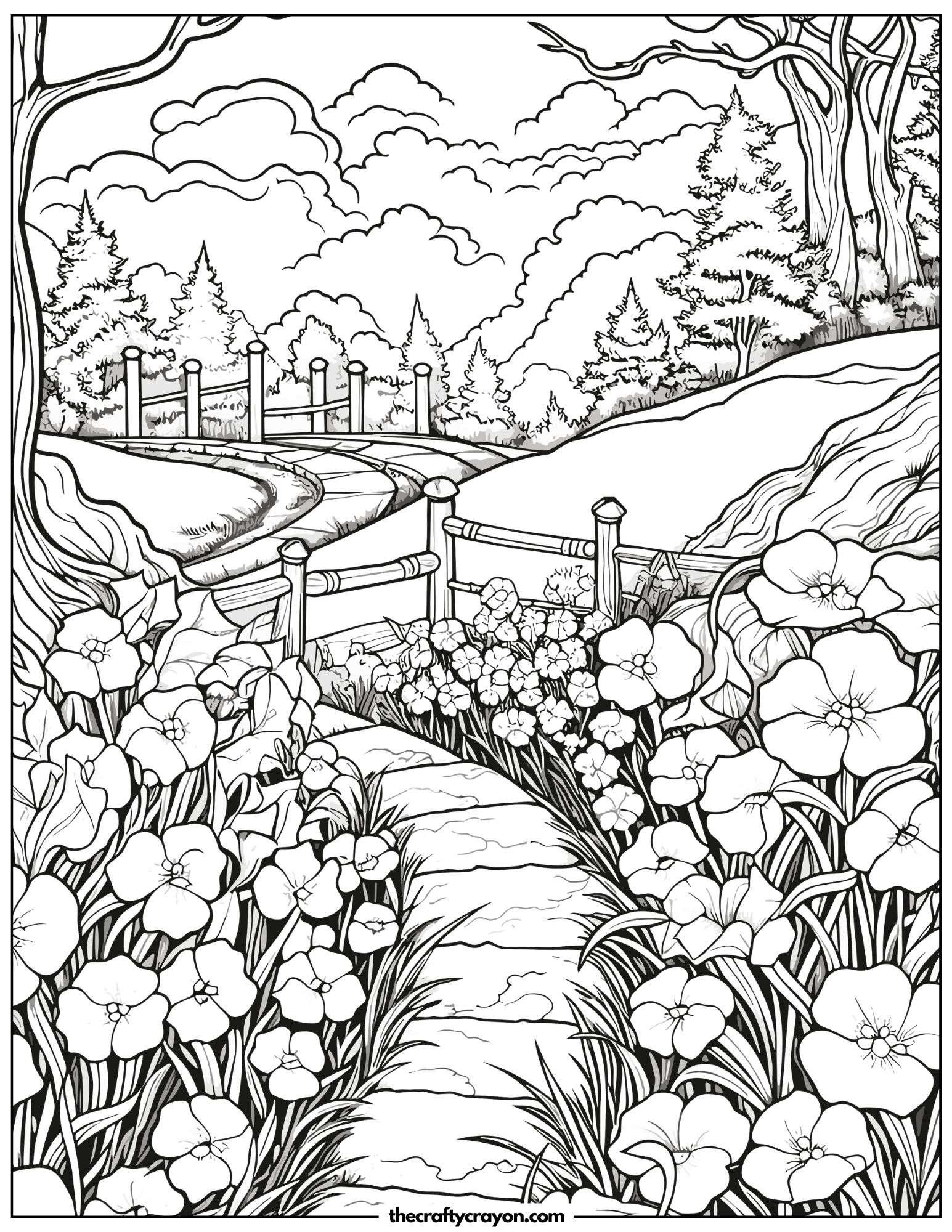 A flower-lined pathway in a forest