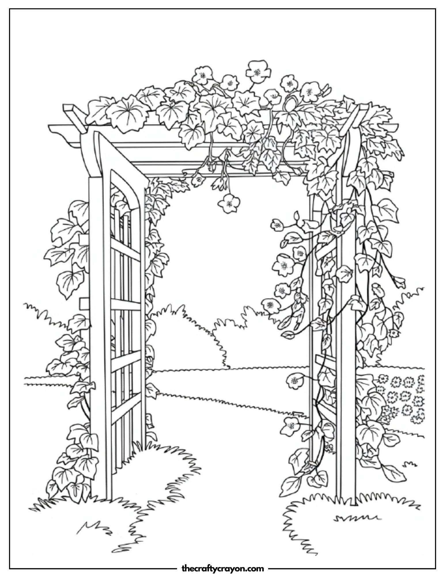 A garden arch covered in blooming vines