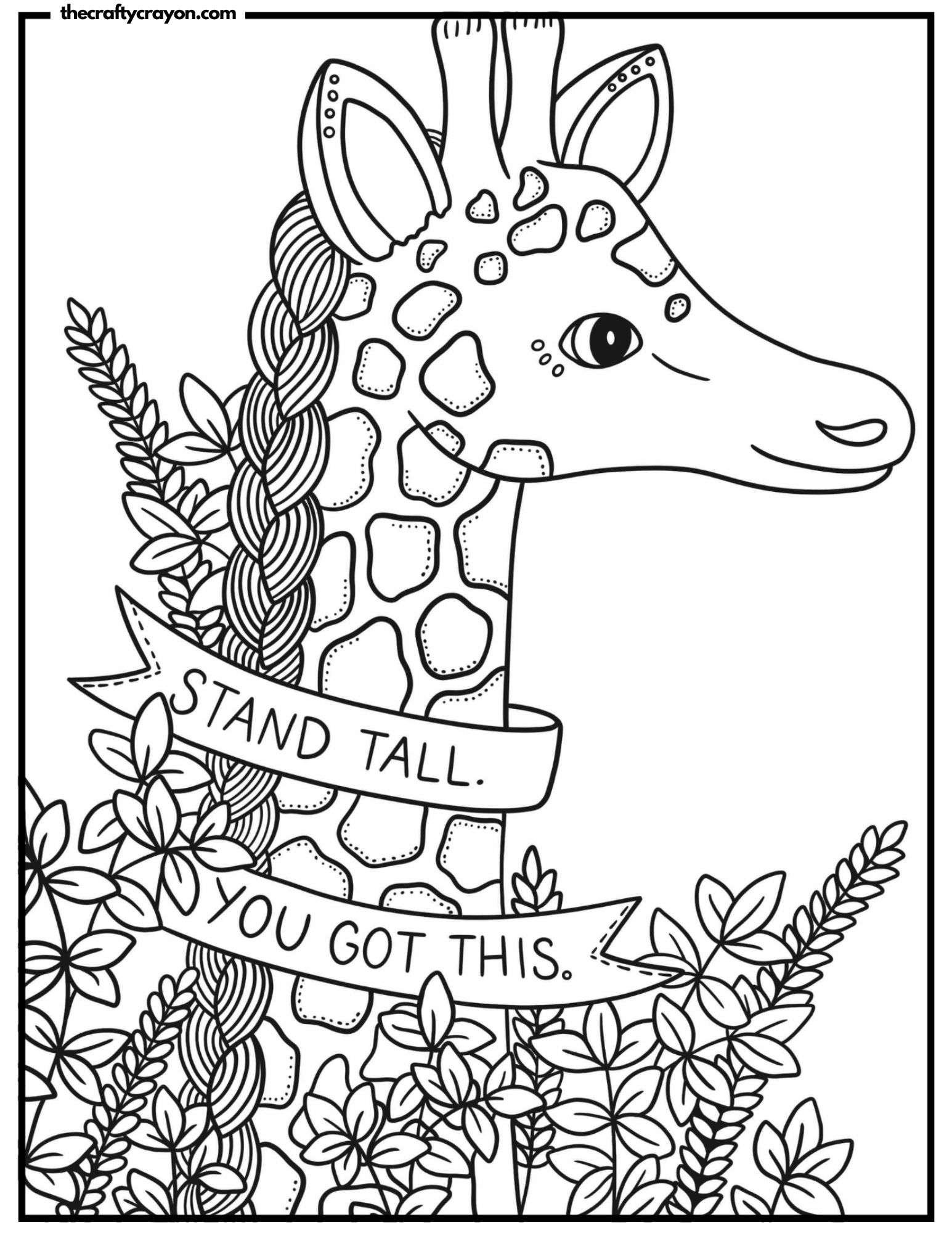 A giraffe with a motivational quote among flowers
