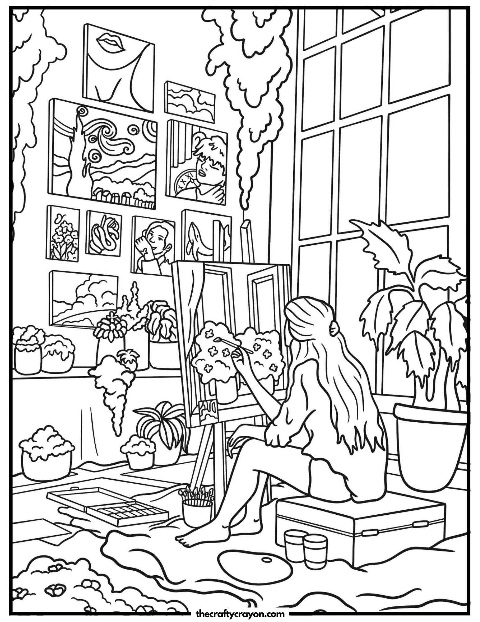 A girl painting in a sunlit art studio