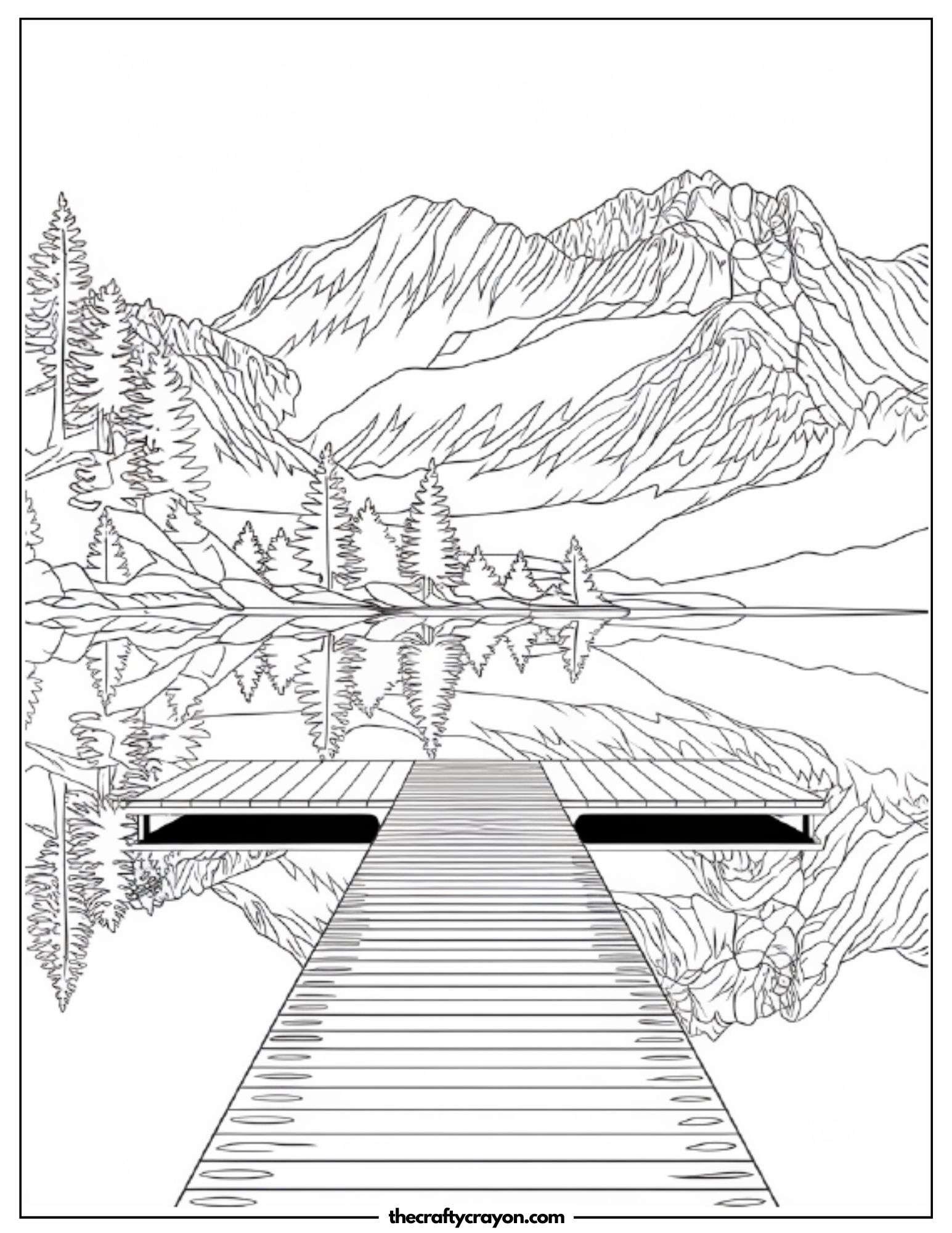 A peaceful mountain lake with a wooden dock