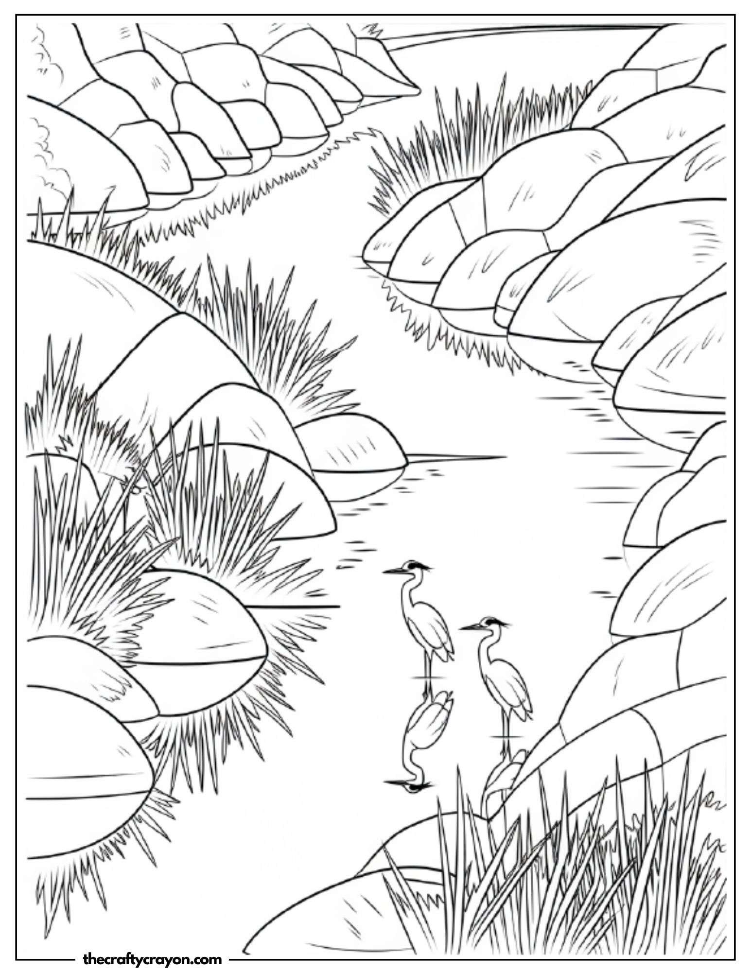 A peaceful riverbank with herons