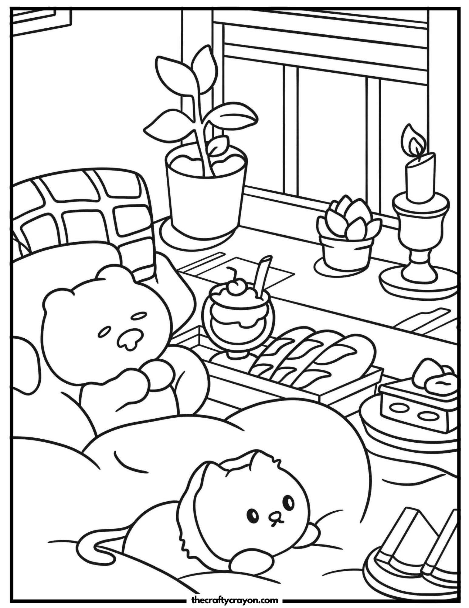 A plush bear and a cat enjoying a cozy night in
