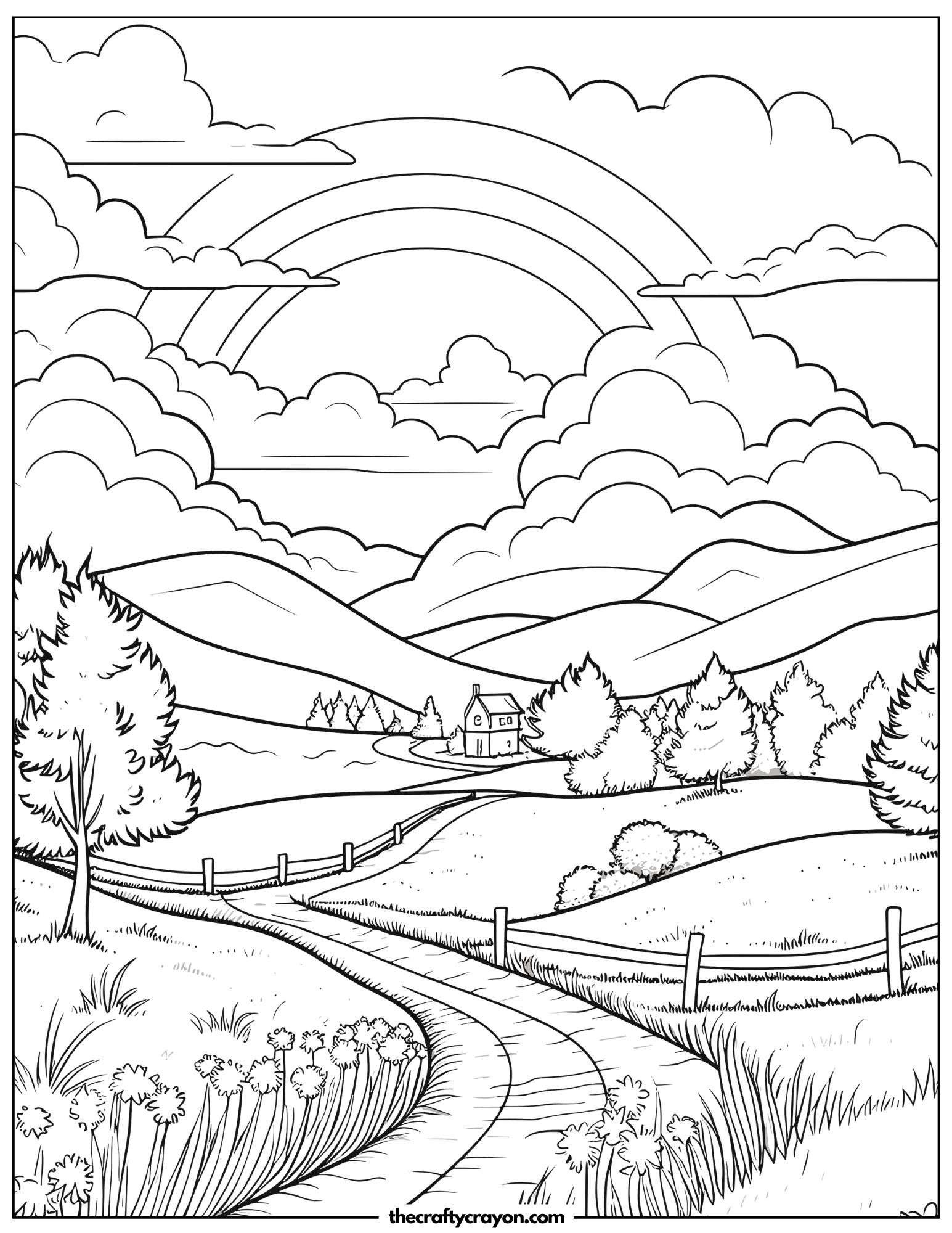A rainbow over a countryside landscape