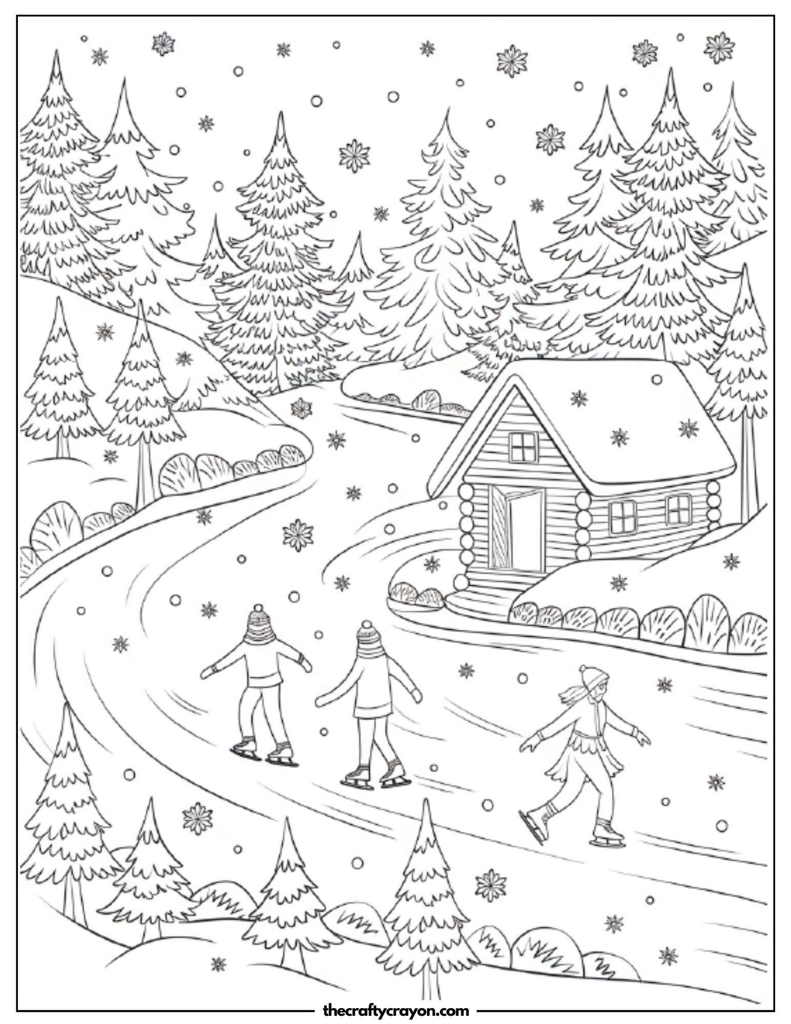 A snowy winter scene with ice skaters