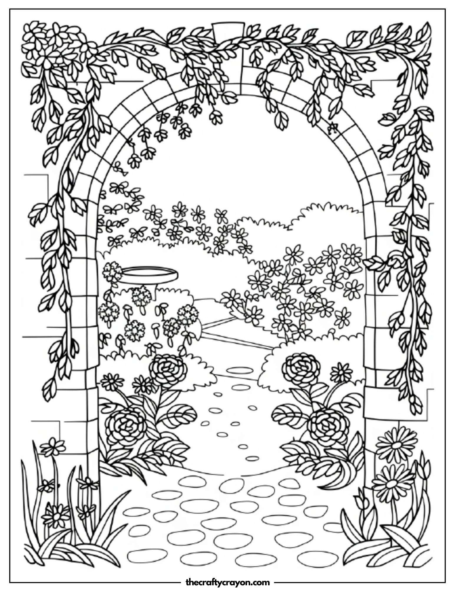 A stone garden arch leading to a floral paradise