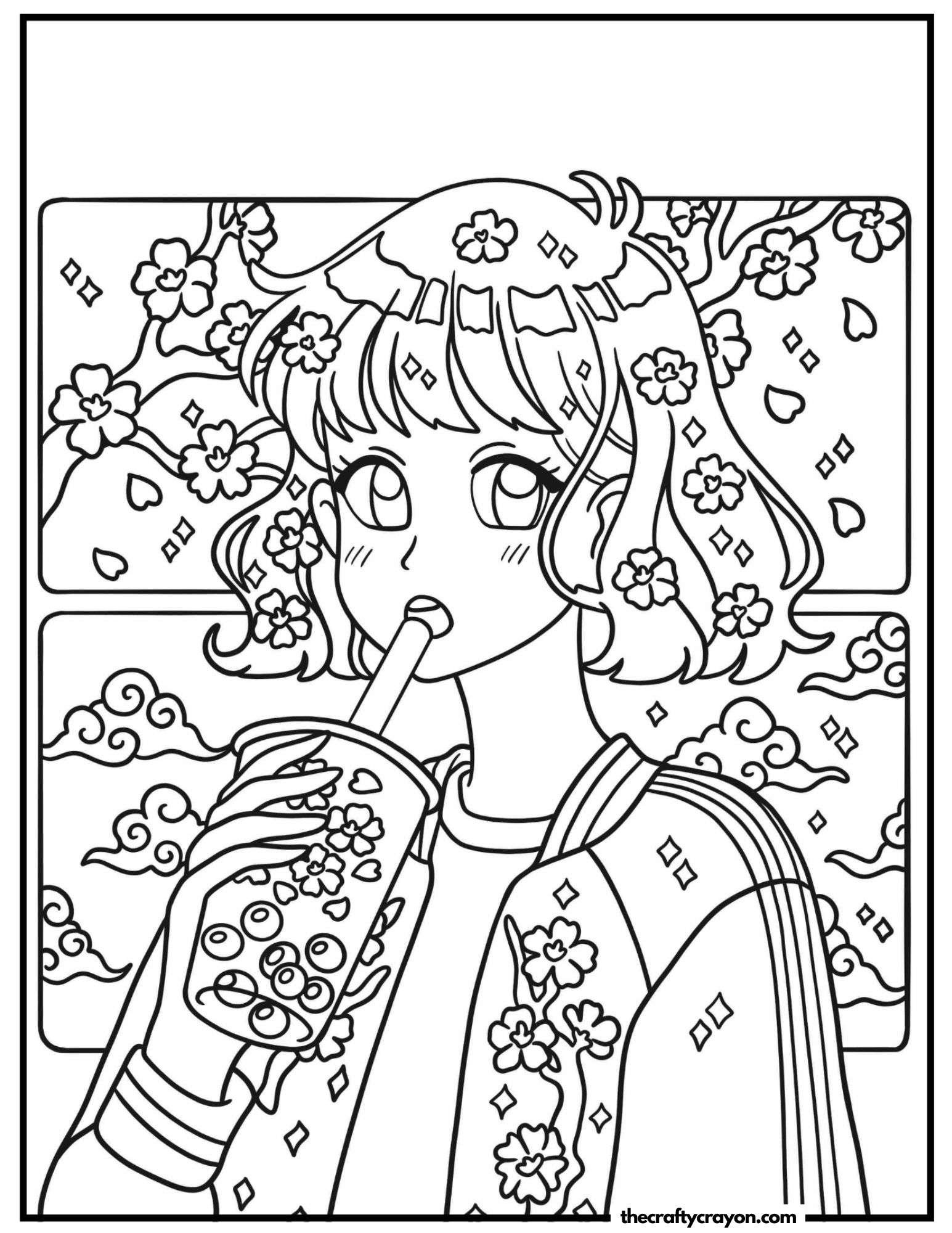 A stylish girl sipping bubble tea with cherry blossoms