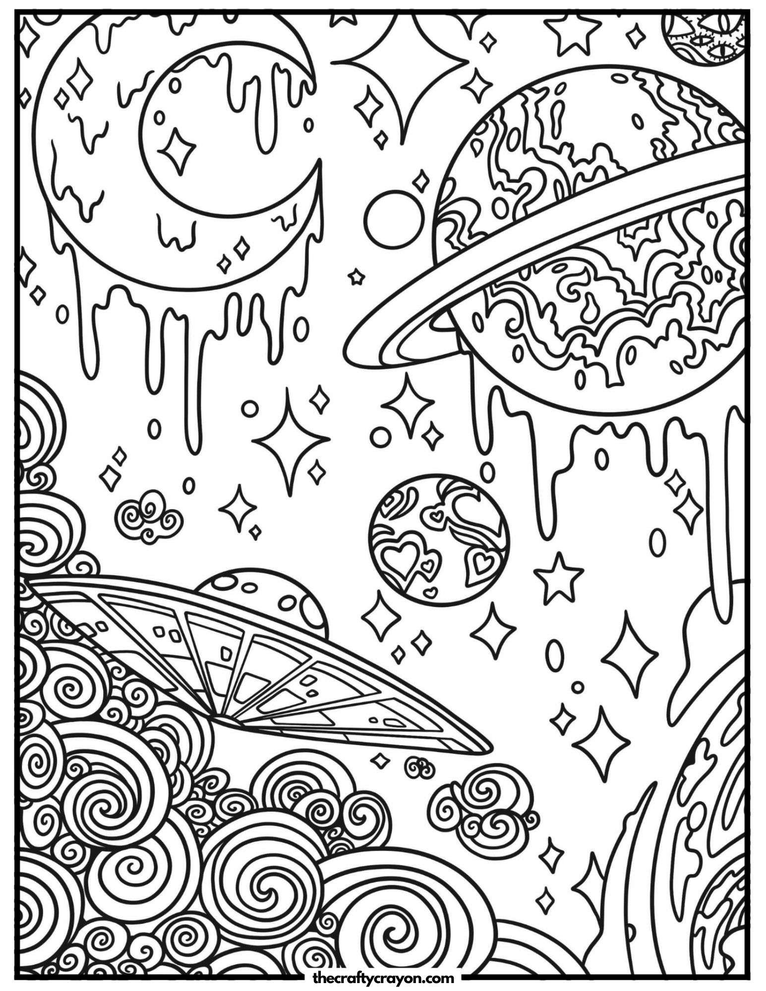 A surreal galaxy with dripping planets and a UFO