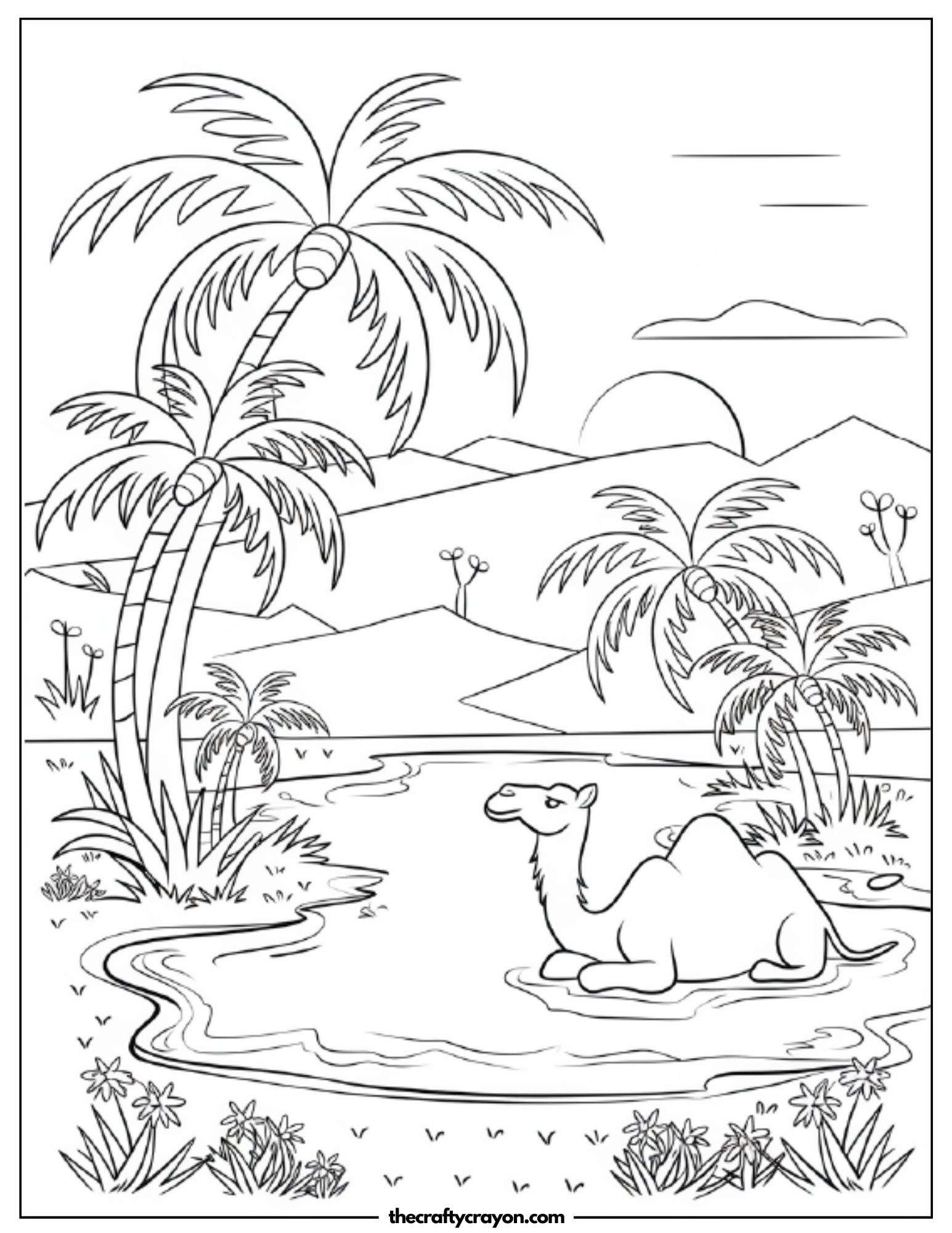 A tropical oasis with a resting camel
