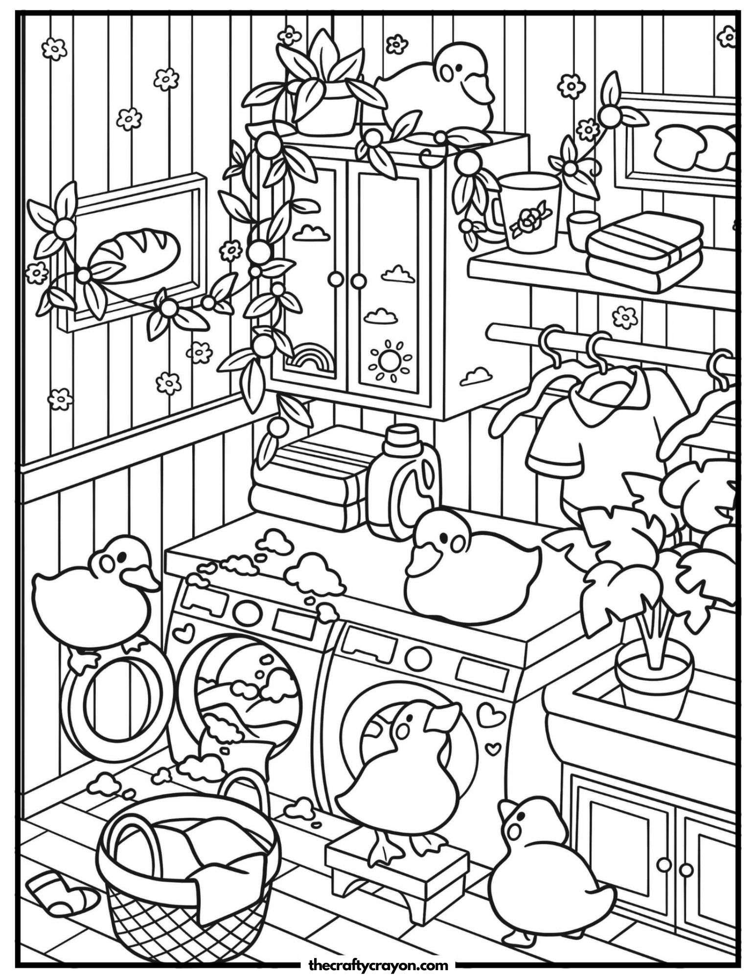A whimsical laundry room filled with playful ducks
