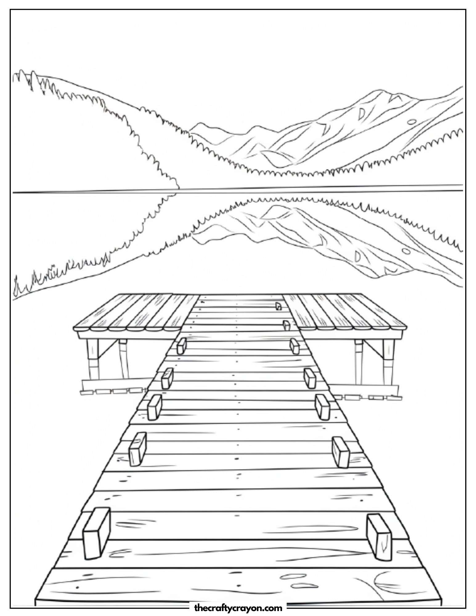 A wooden dock extending over a tranquil lake