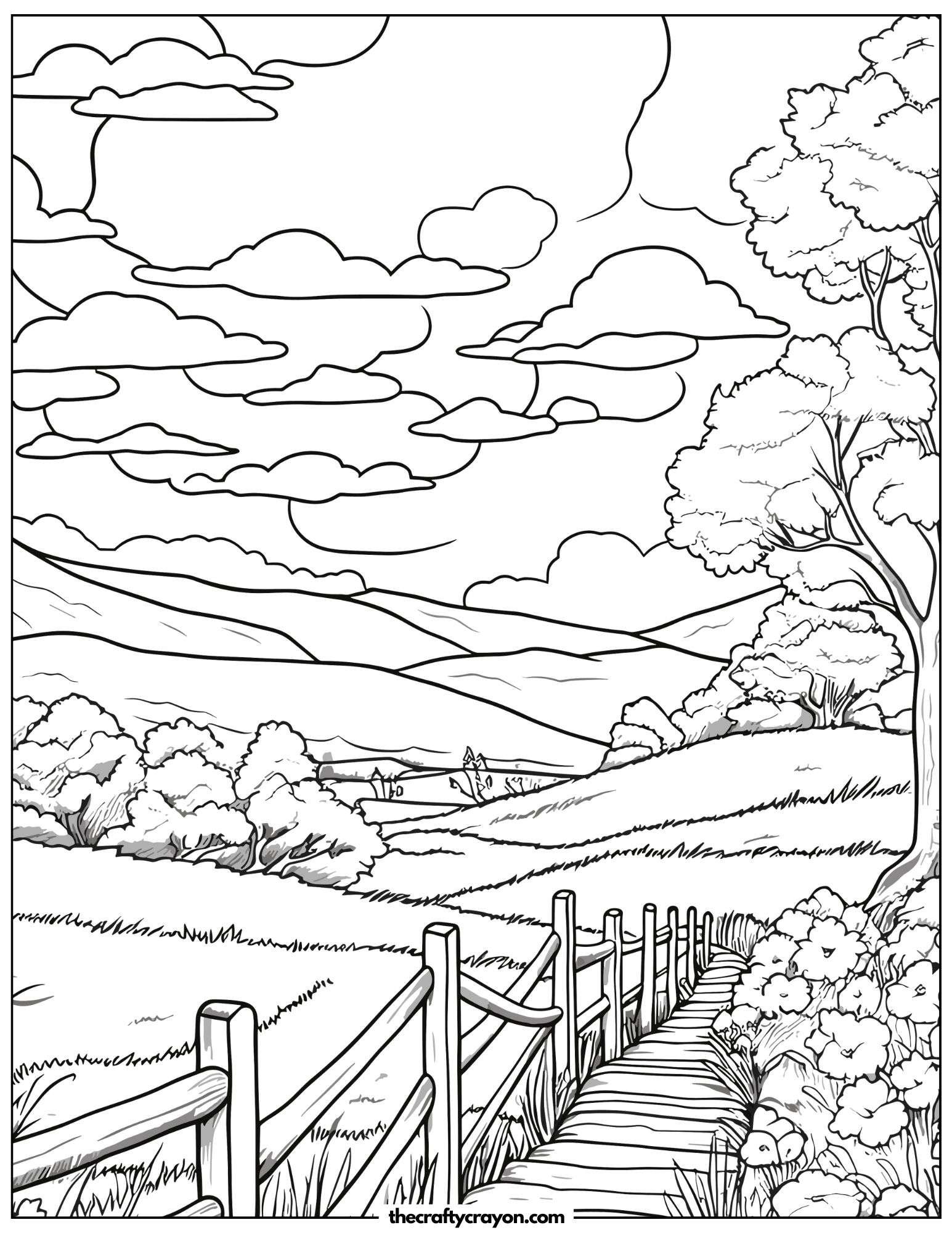 A wooden pathway through rolling green hills