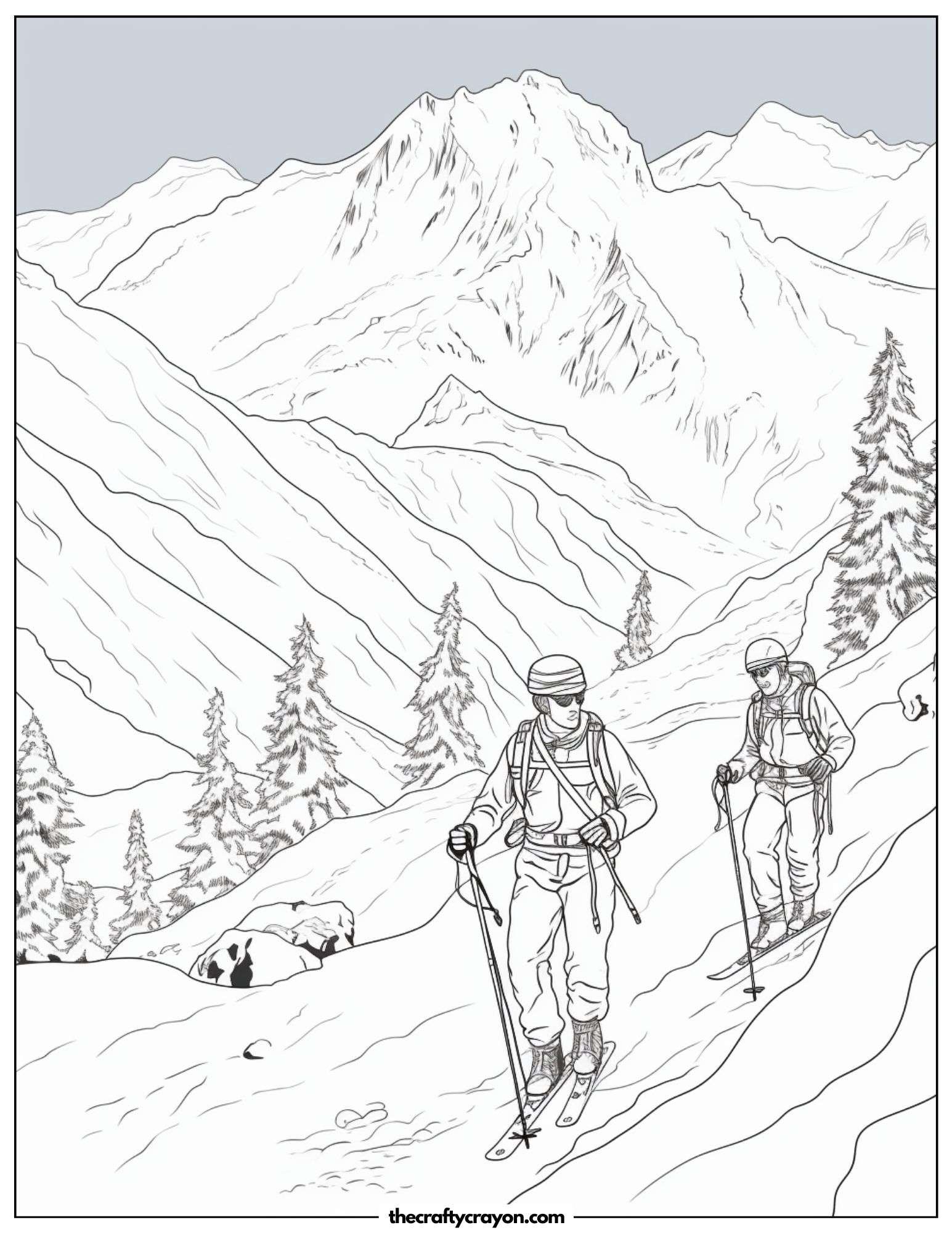 Adventurers Skiing Down A Snowy Mountain Coloring Page