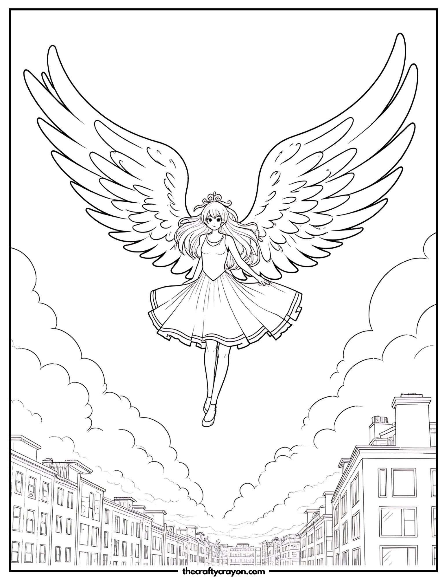 Anime angel girl floating above a city with large wings