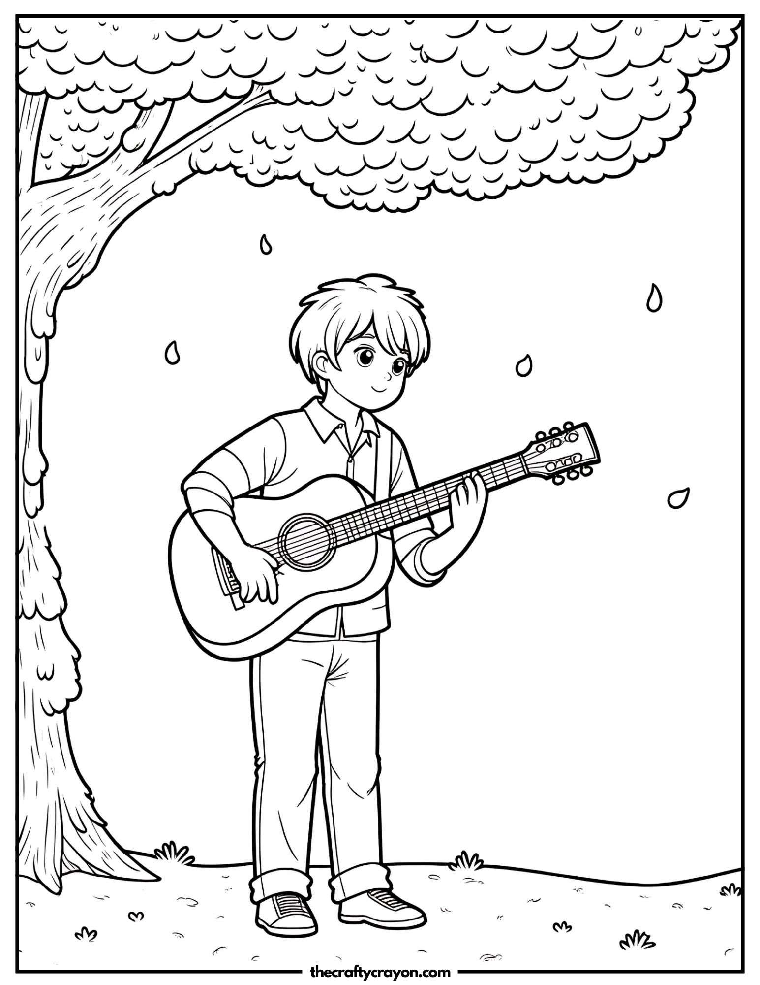 Anime boy playing a guitar under a tree with falling leaves