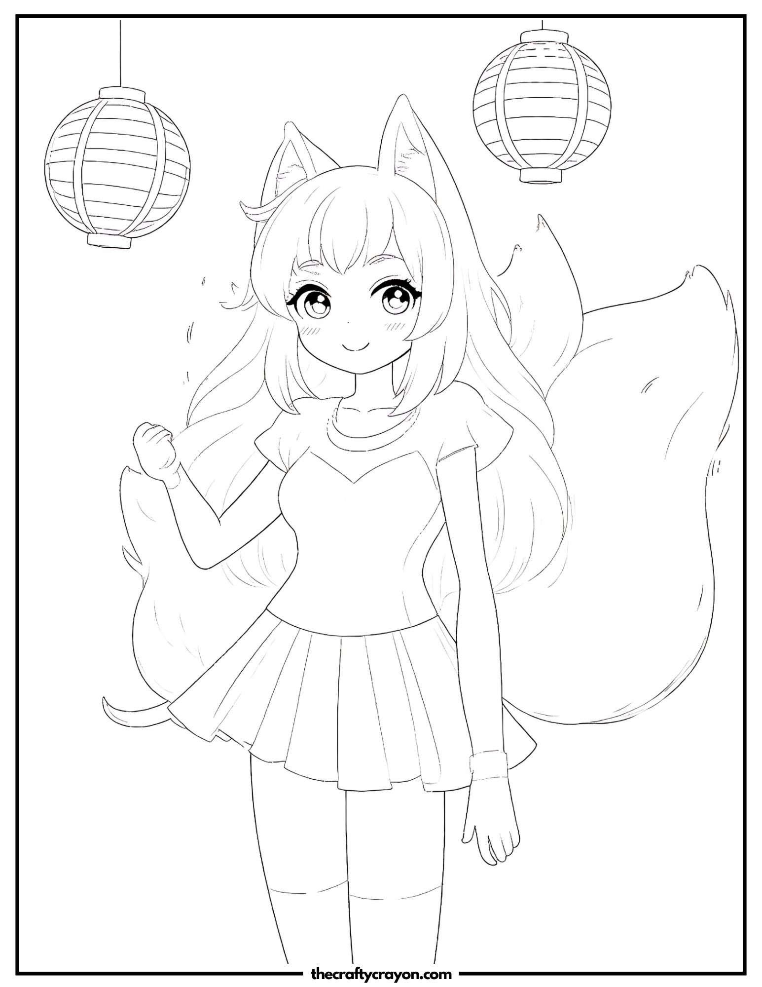 Anime fox-girl with large fluffy tails under paper lanterns