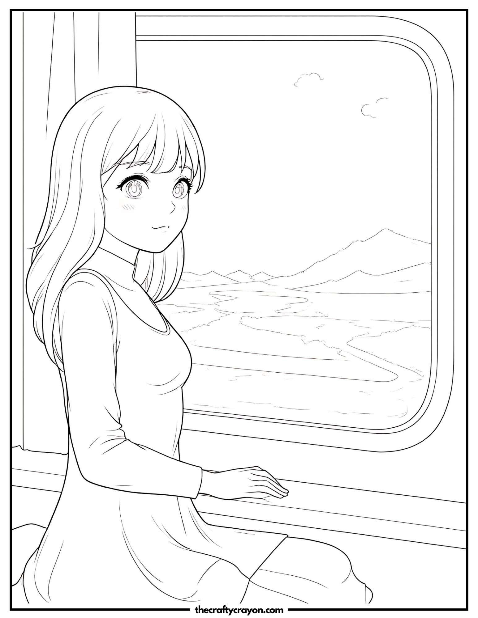Anime girl gazing out of a train window