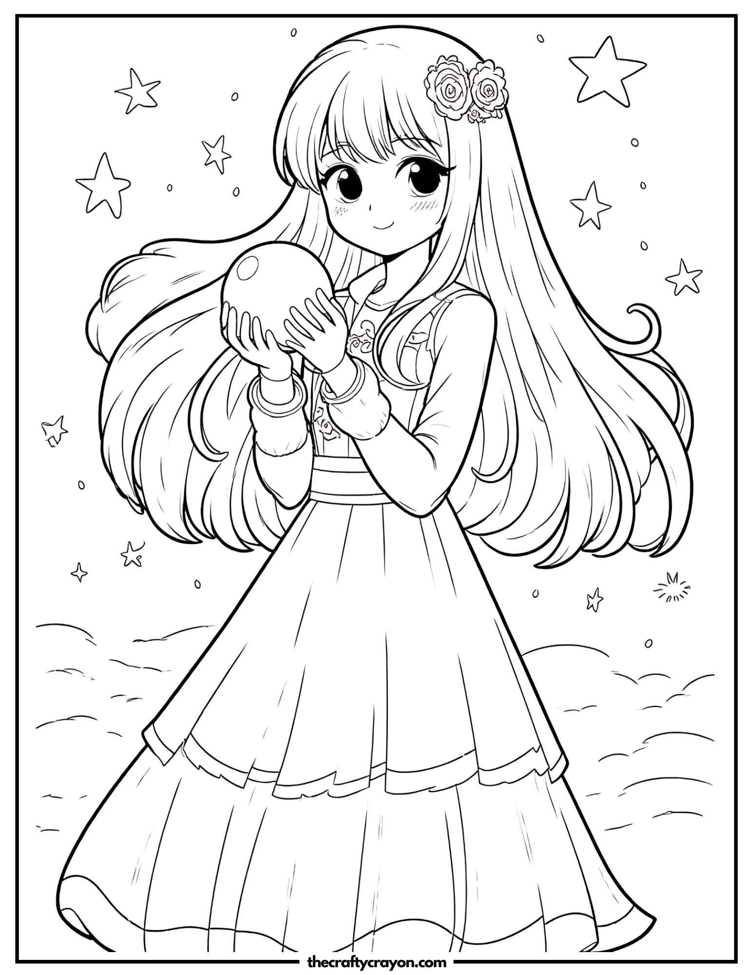 Anime girl holding a glowing orb under a starry sky