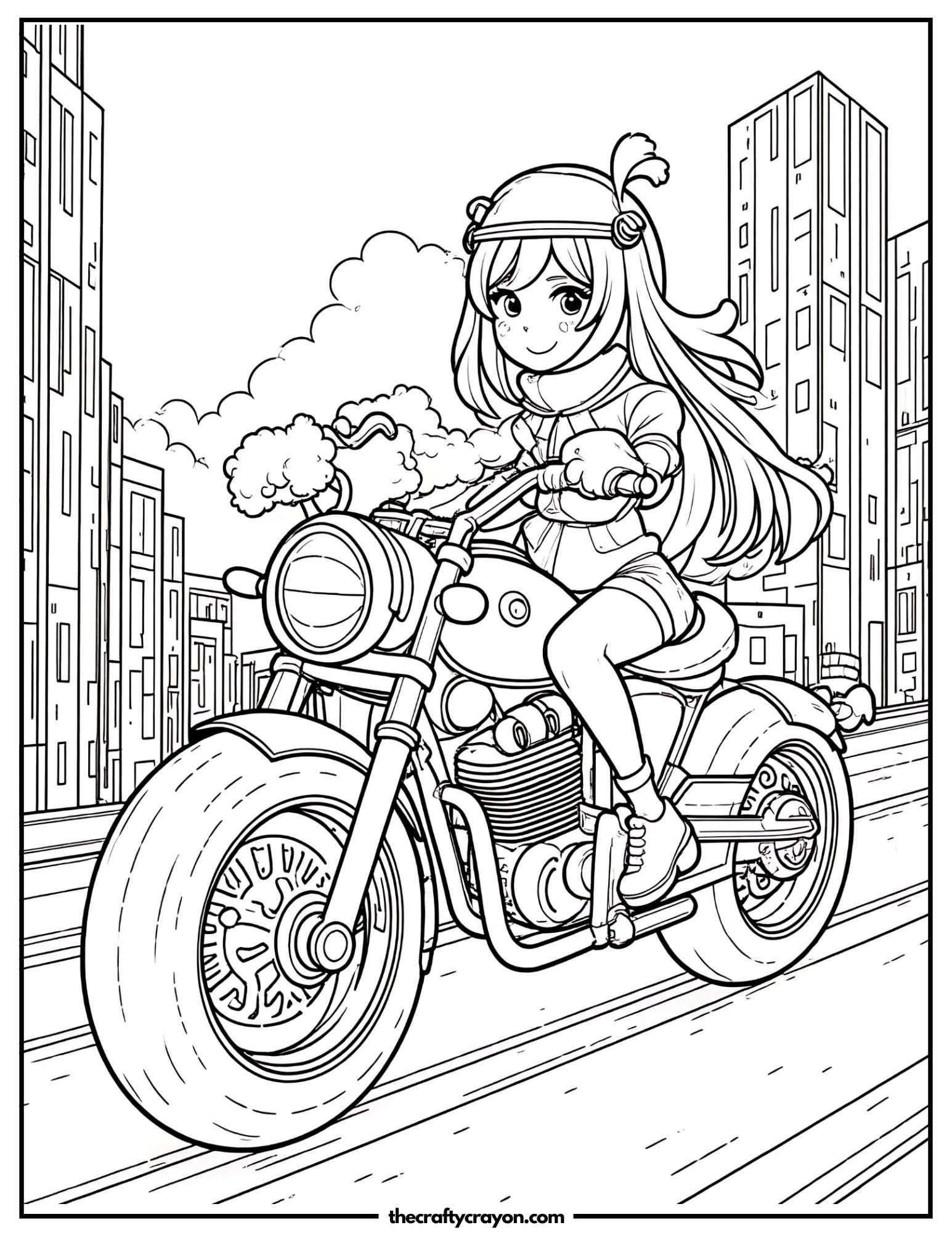 Anime girl riding a motorcycle through a cityscape