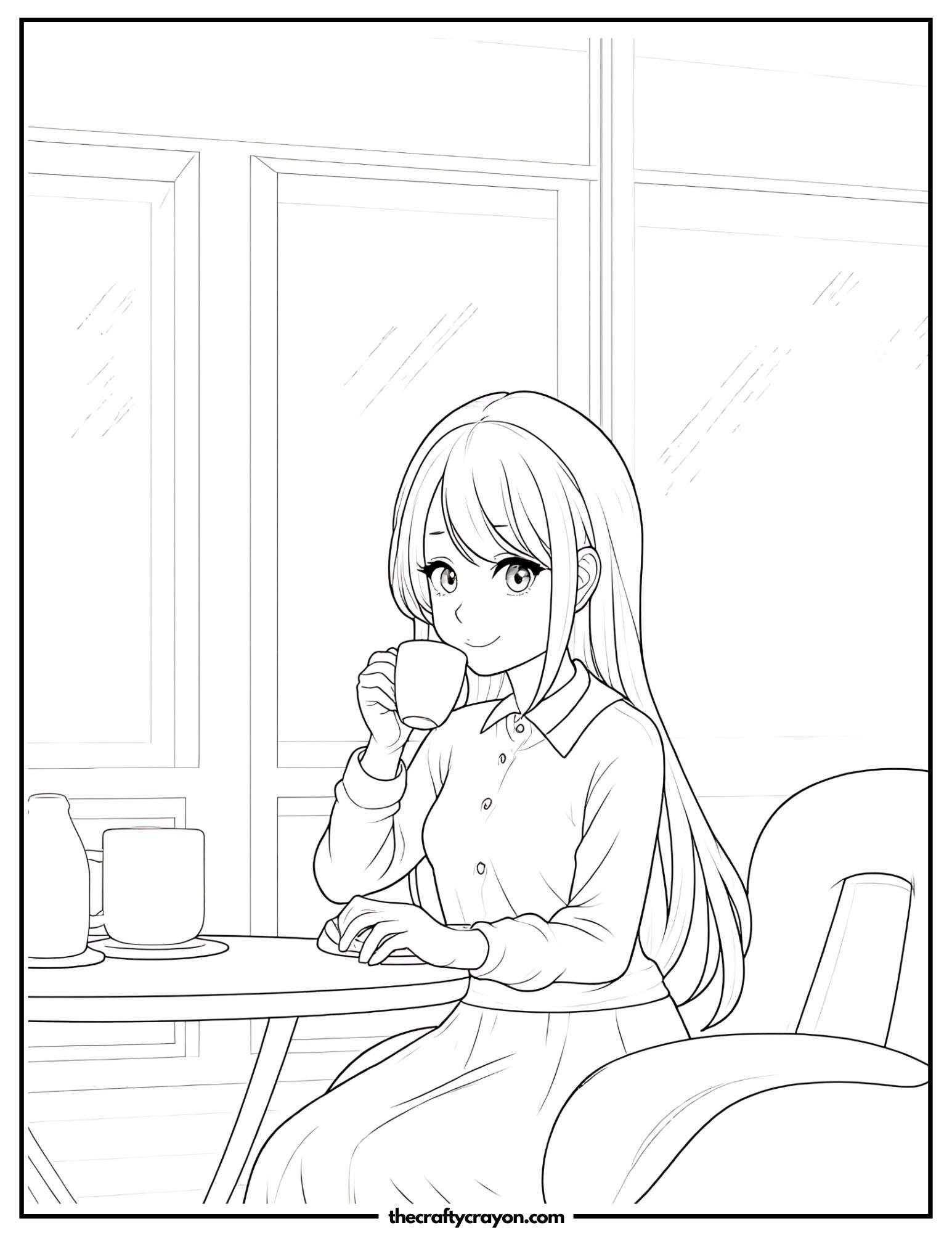 Anime girl sipping tea in a cozy café