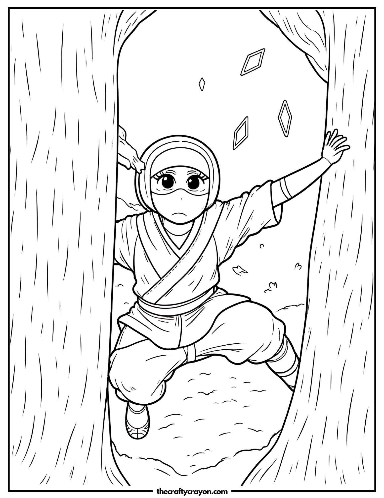 Anime ninja girl climbing between two trees
