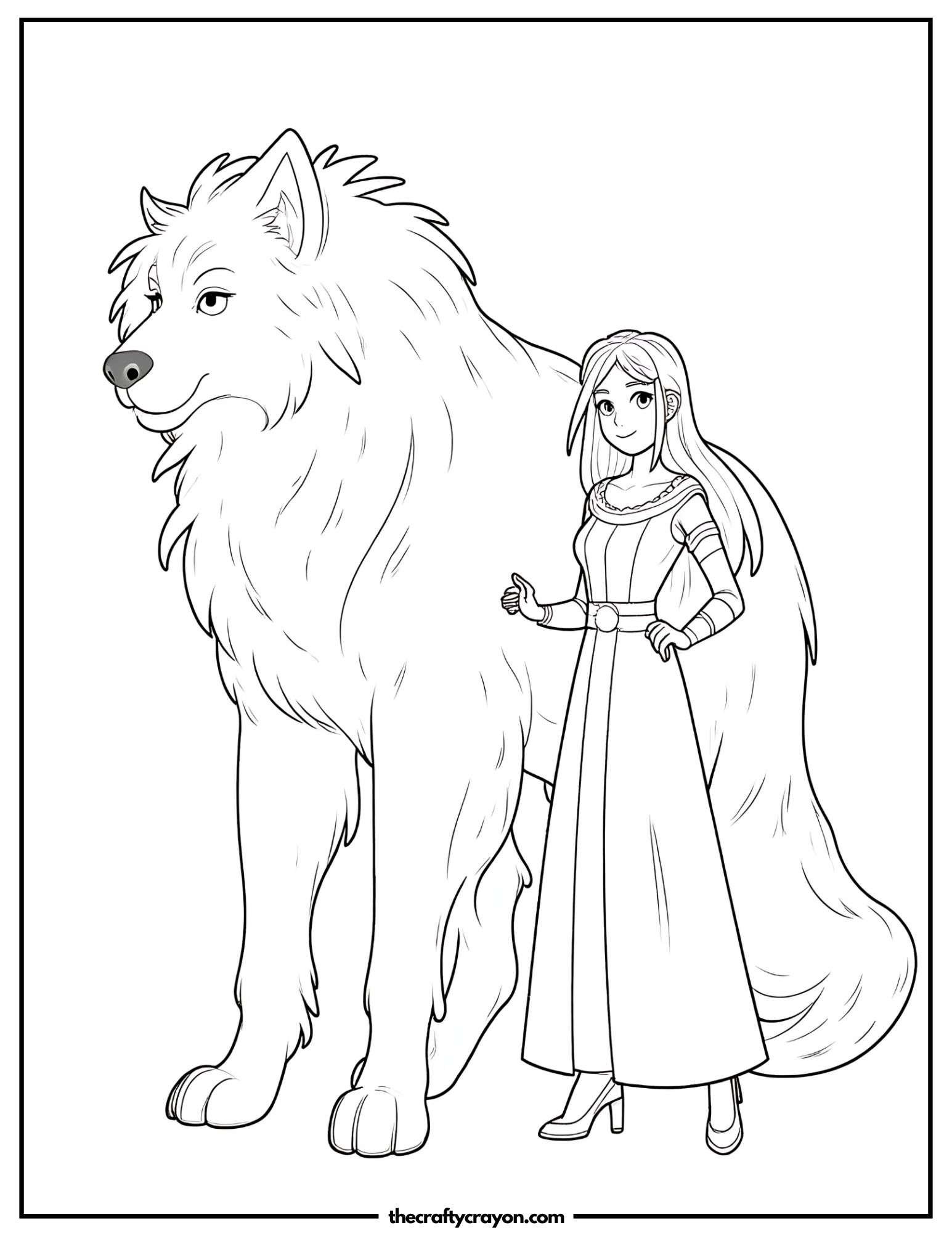 Anime princess standing next to a giant fluffy wolf