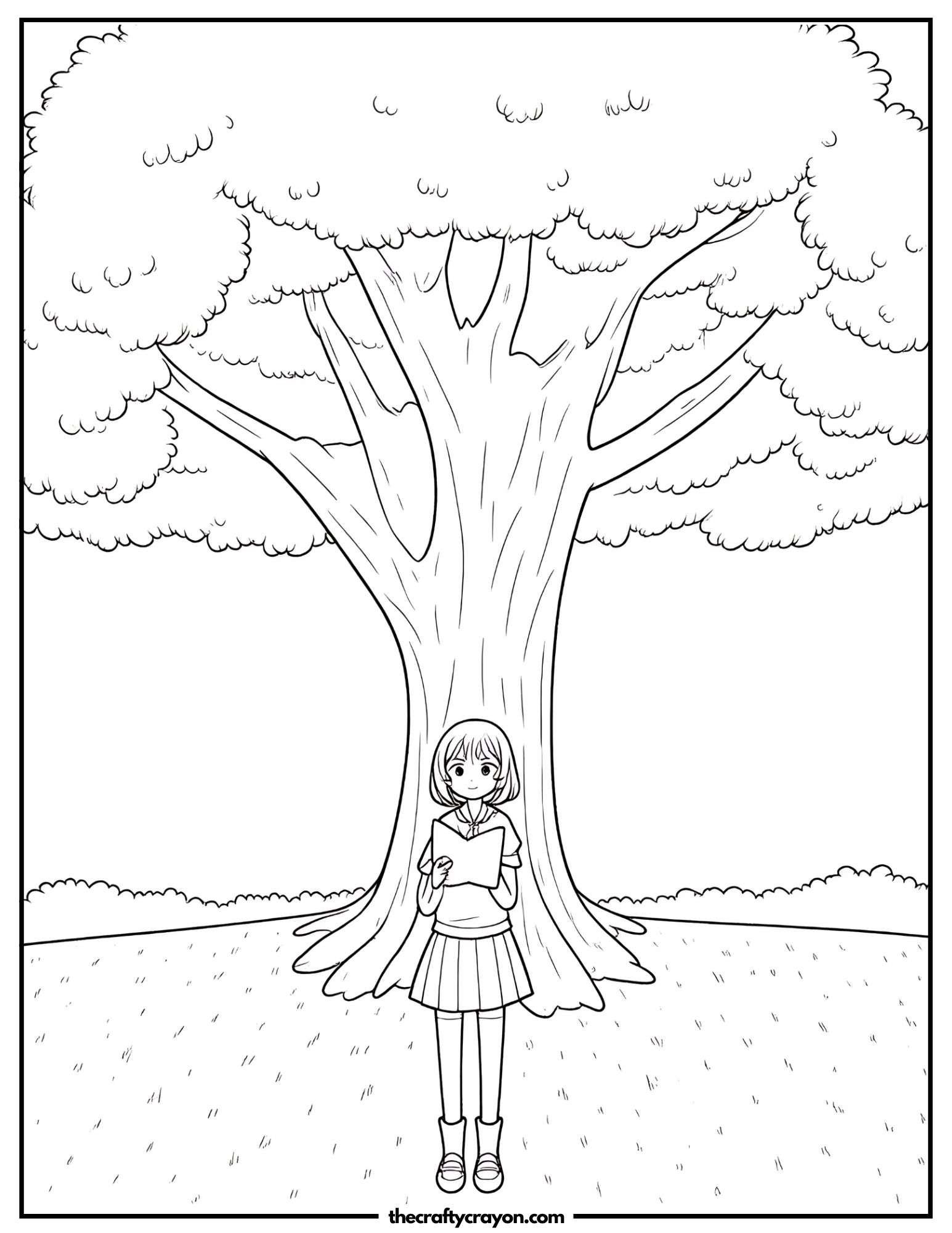 Anime schoolgirl standing under a giant tree with a notebook