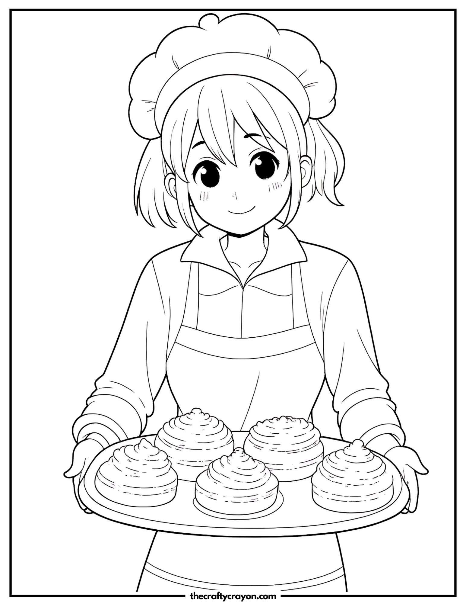 Anime-style baker girl holding a tray of pastries