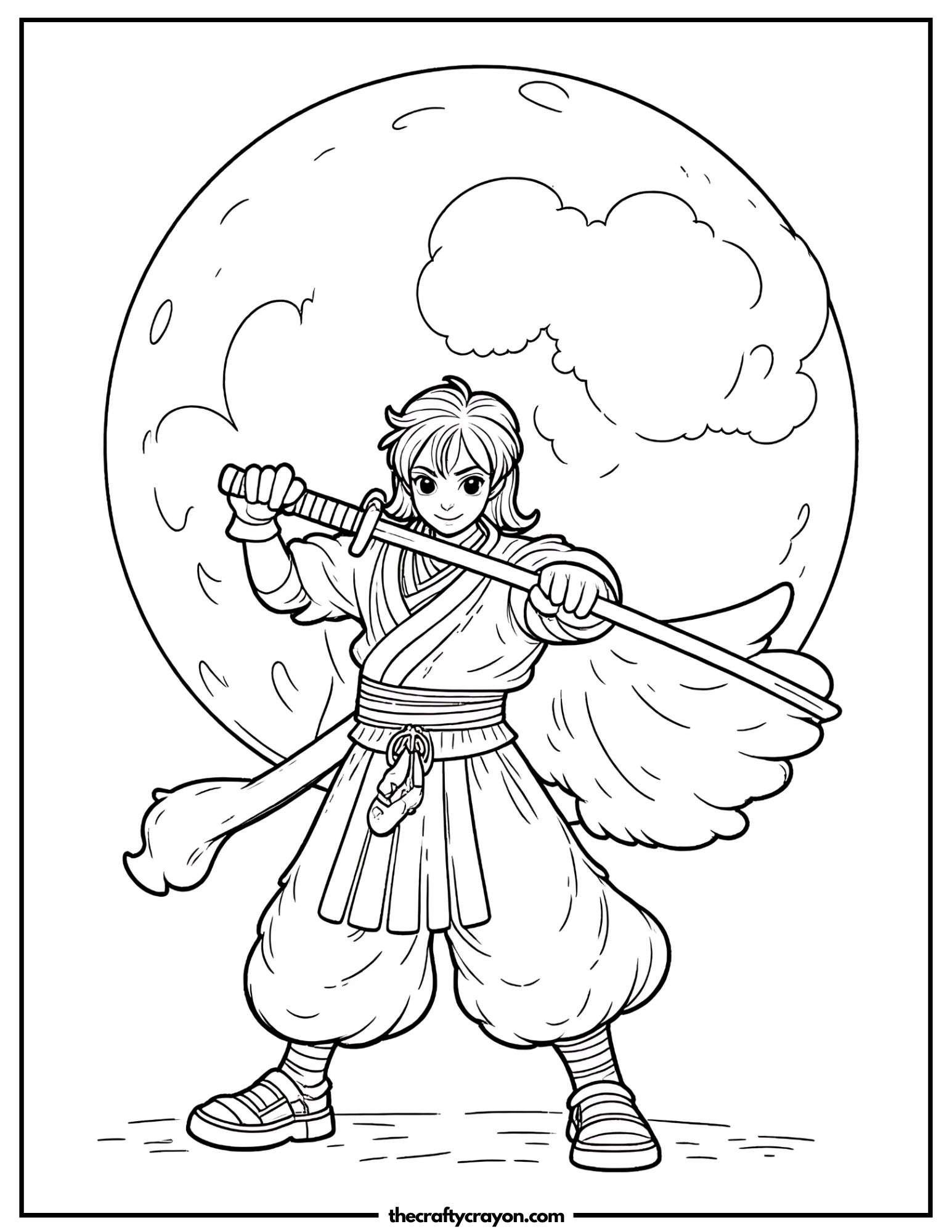 Anime warrior with a sword standing before a full moon